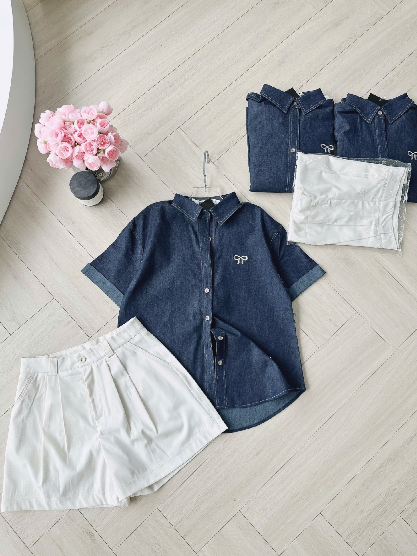 Bdn90 Set áo denim phối short trắng