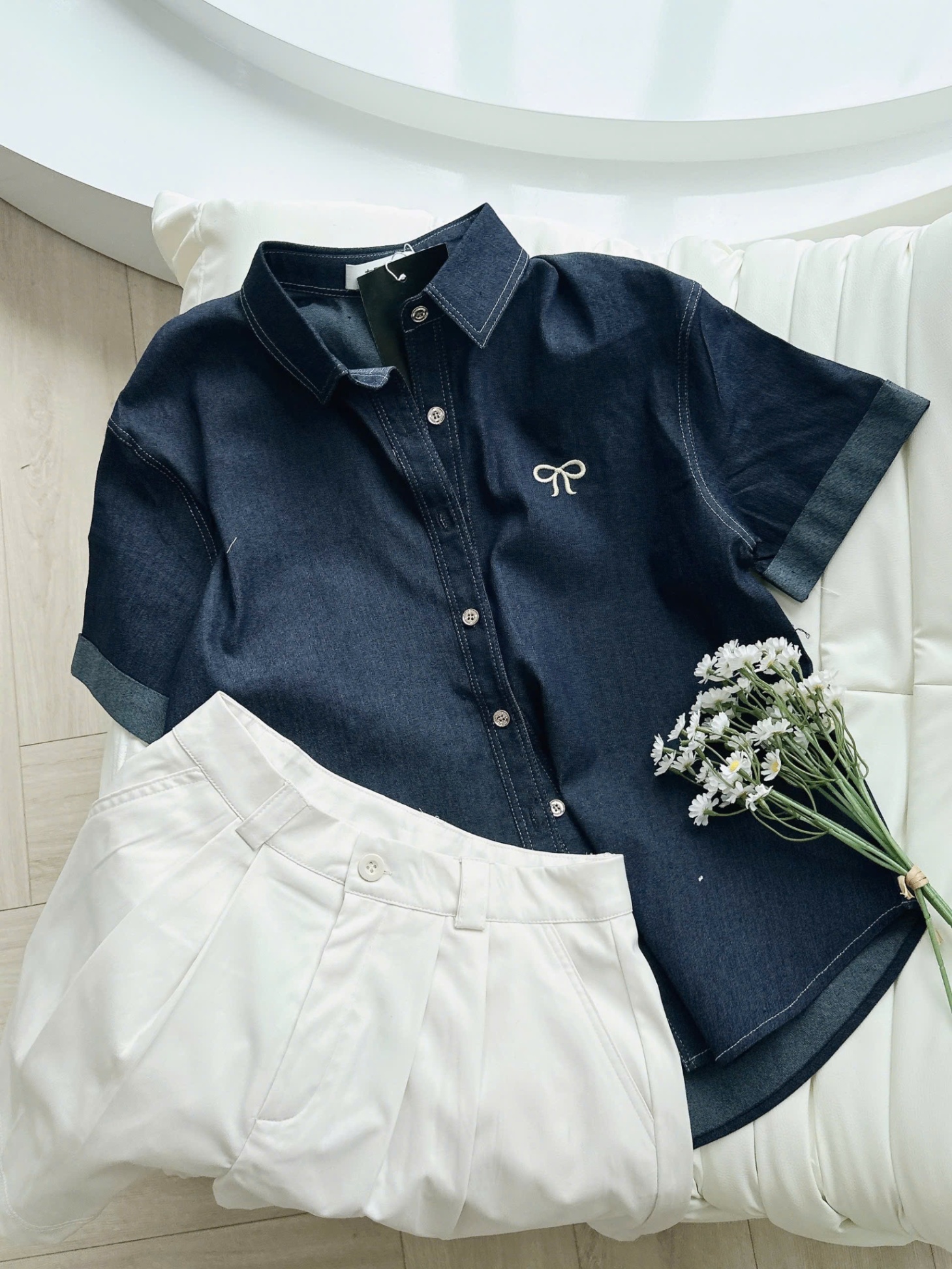 Bdn90 Set áo denim phối short trắng