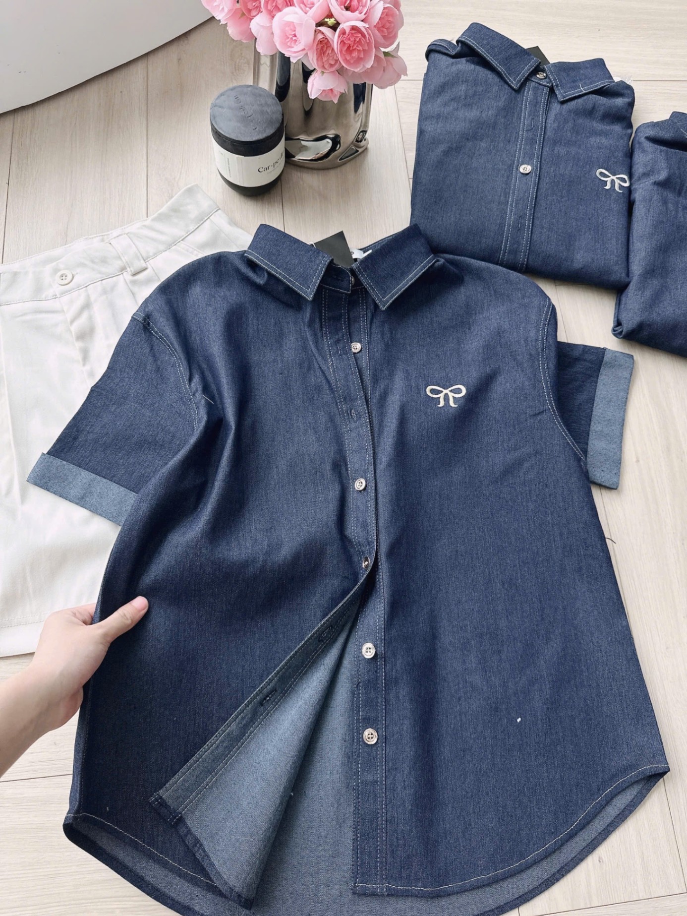 Bdn90 Set áo denim phối short trắng