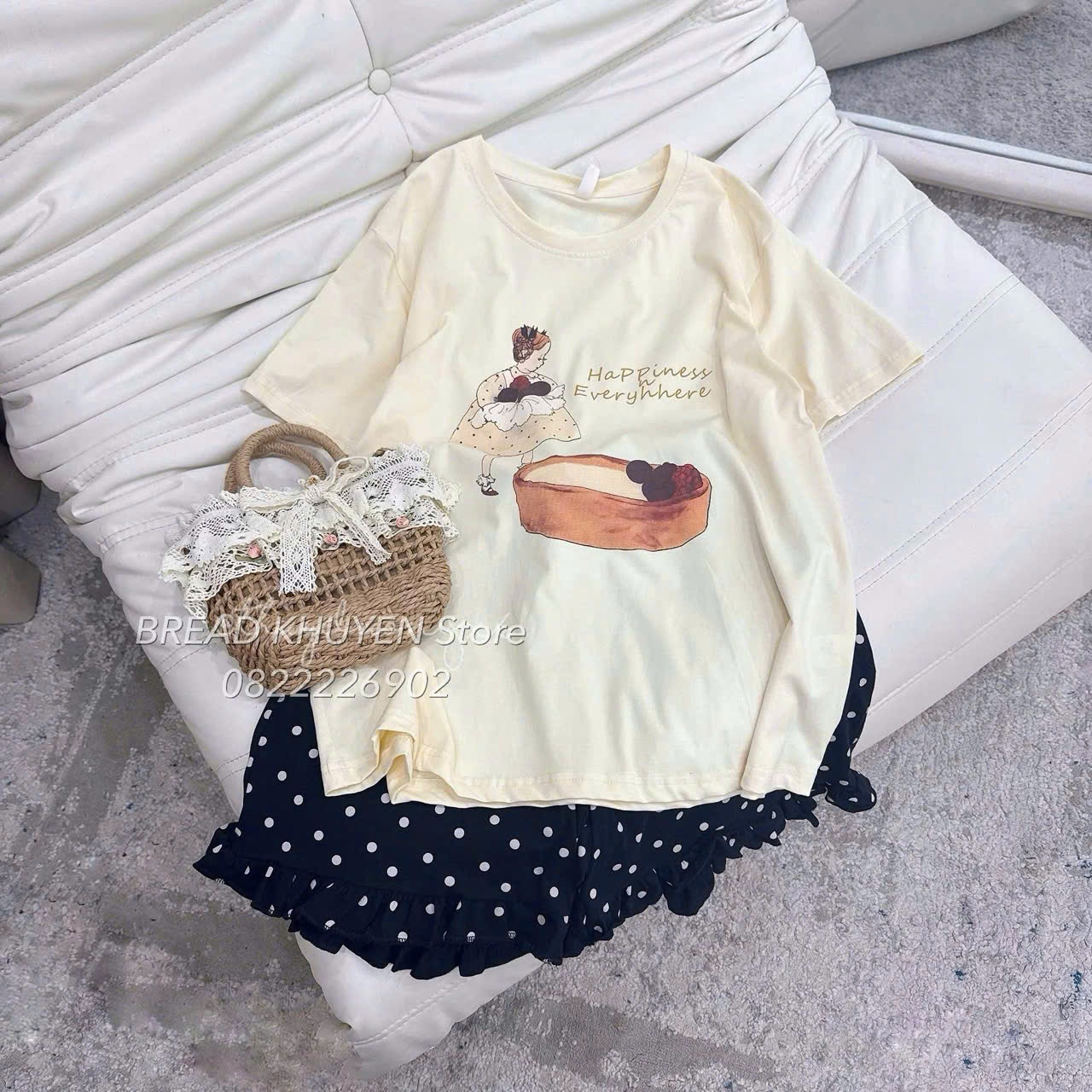 Ban91 Set áo cộc be mix quần chấm bi trend 2025