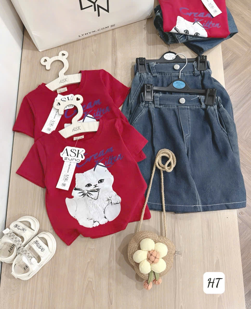Sab92 Set áo phông mèo đỏ mix quần ngố Jean ống rộng