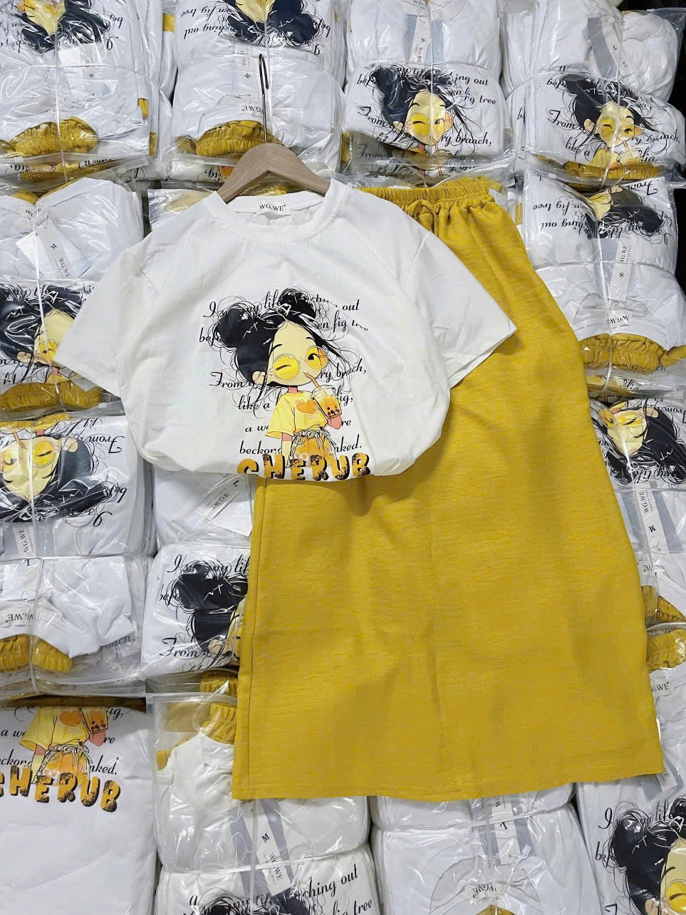 Scv96 Set chân váy đũi áo phông kèm dây búi tóc