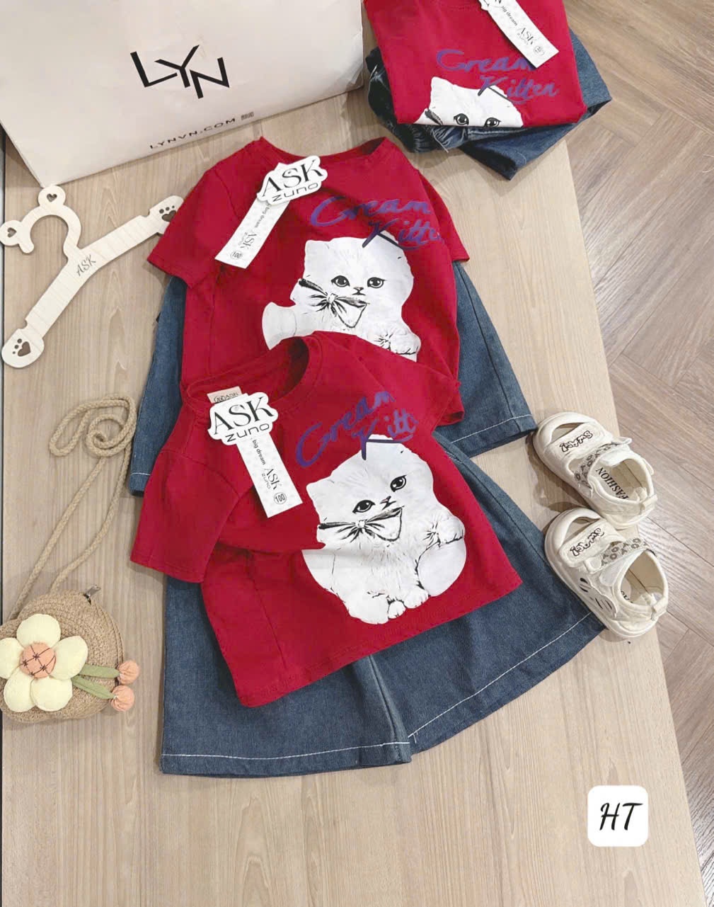 Sab92 Set áo phông mèo đỏ mix quần ngố Jean ống rộng