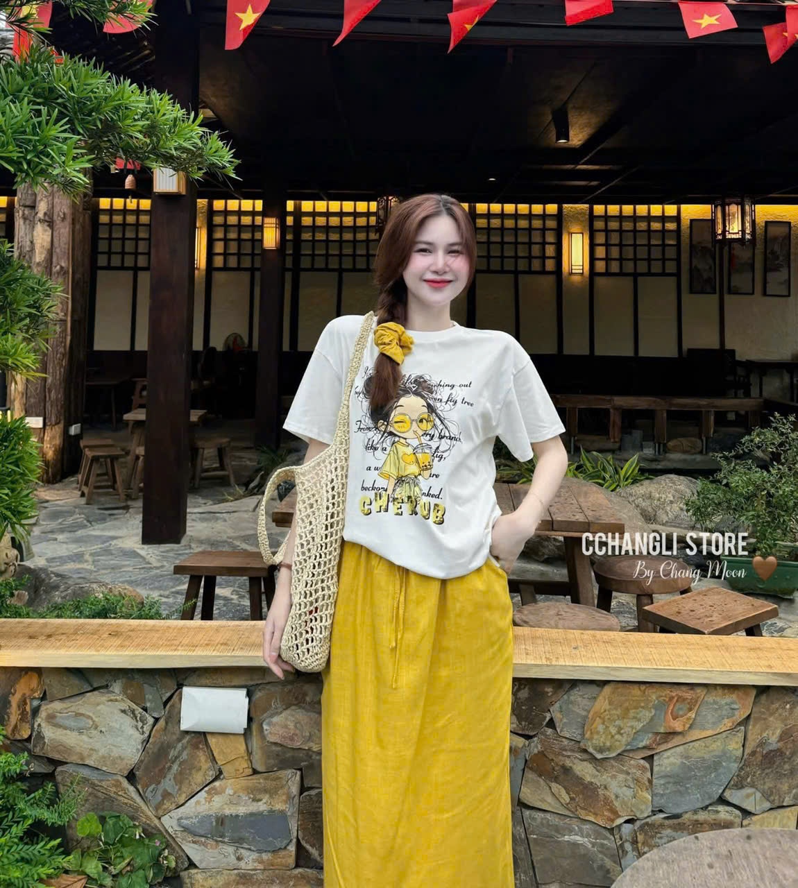 Scv96 Set chân váy đũi áo phông kèm dây búi tóc