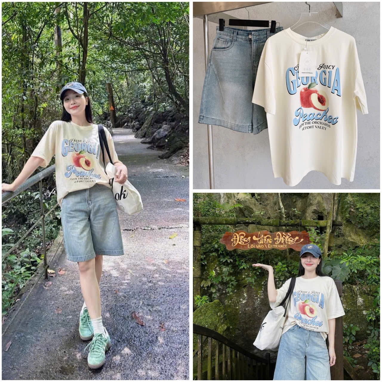 Baq99 Set áo thun quả đào mix quần short Jean ngố bạc