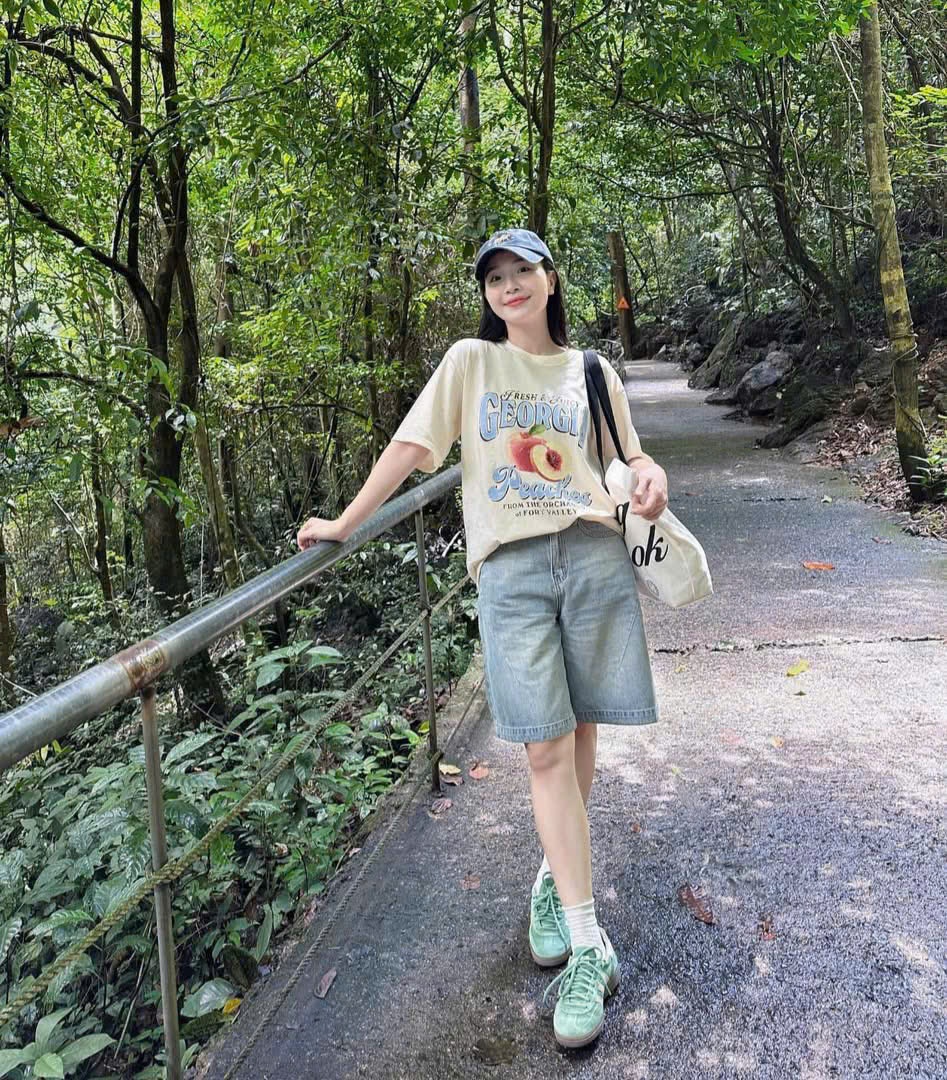 Baq99 Set áo thun quả đào mix quần short Jean ngố bạc