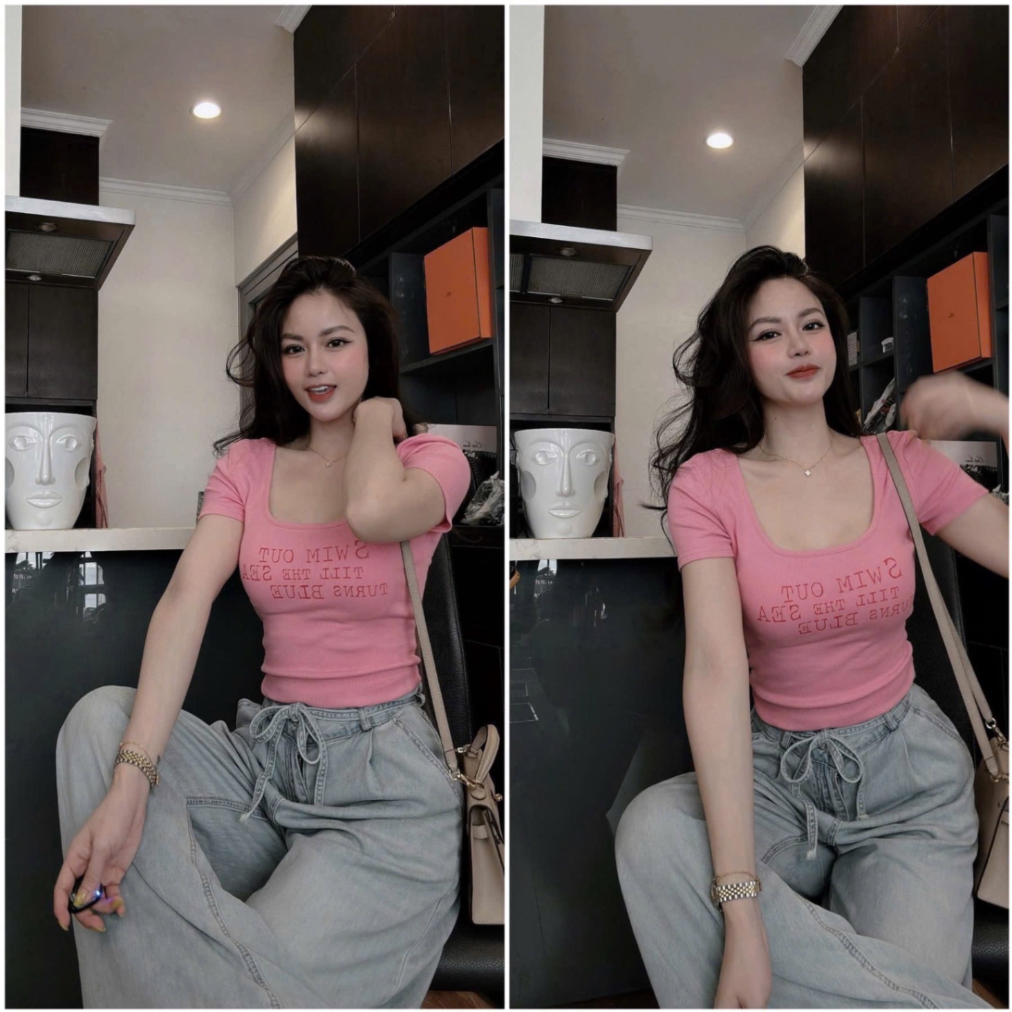 Q624 Sét quần iean áo thun hồng