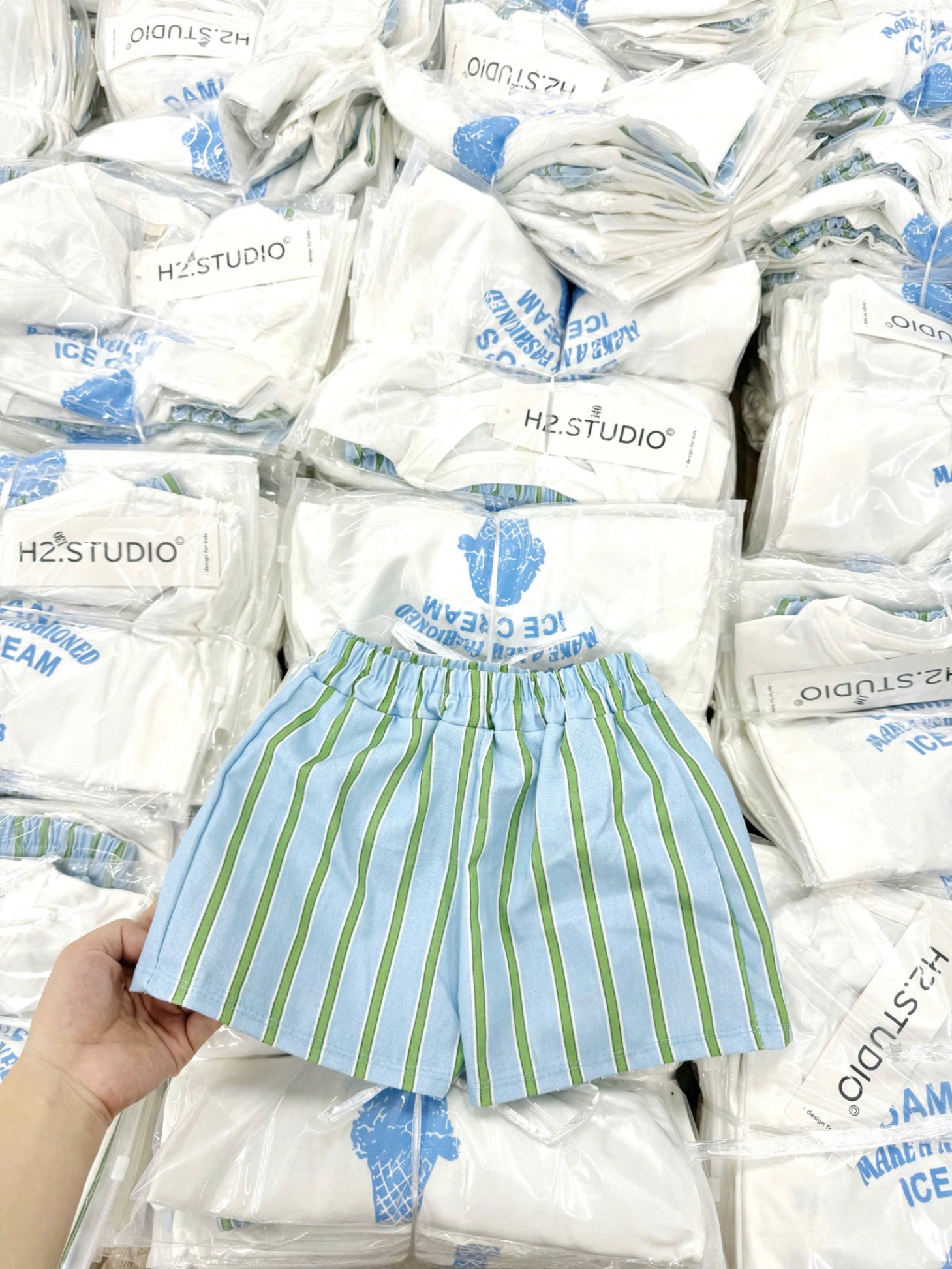 Bbt22 Set ba lỗ quần kẻ Ice Cream cho bé trai