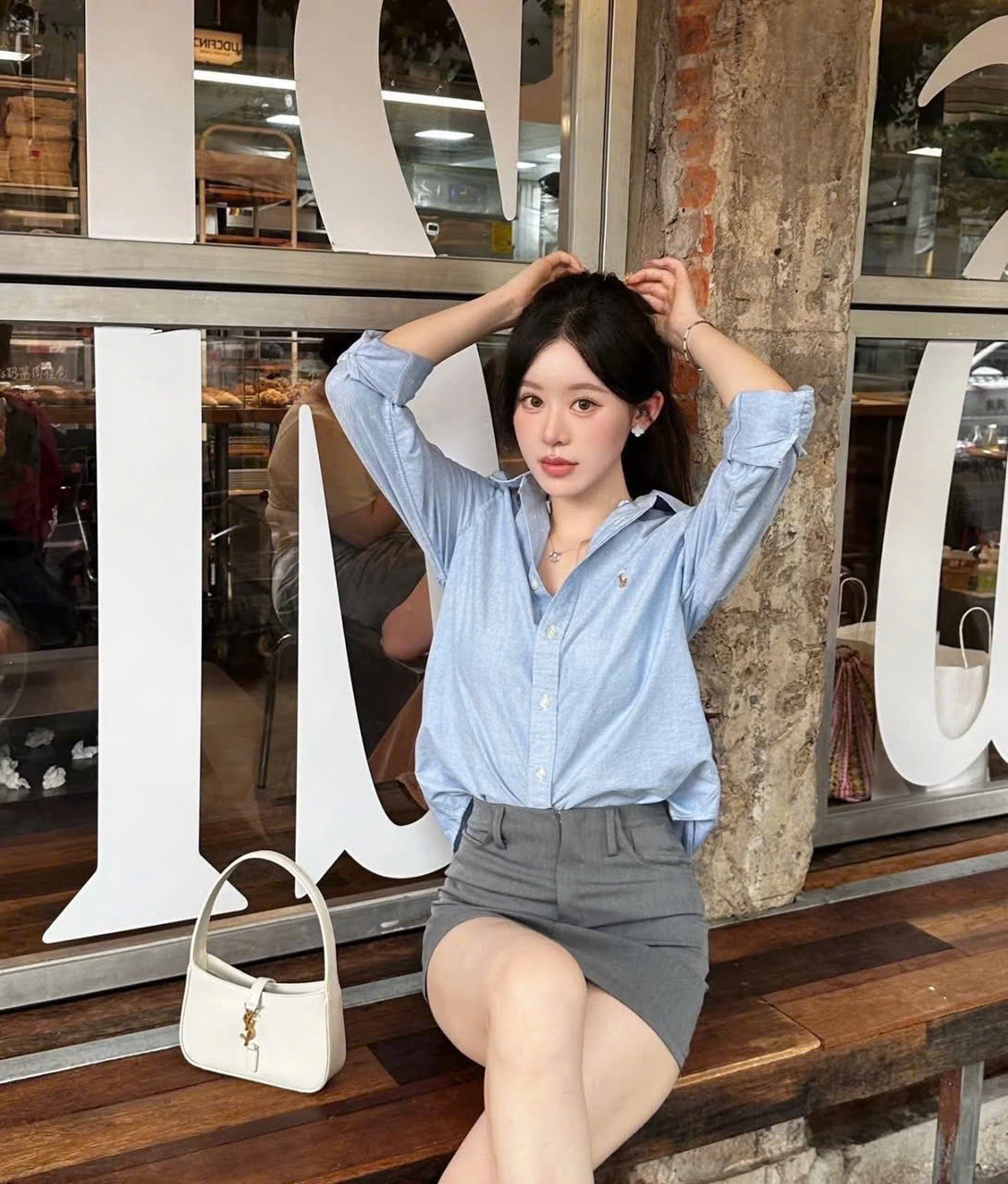 Z75# ÁO SƠ MI XANH THÊU NGỰA CHO NỮ