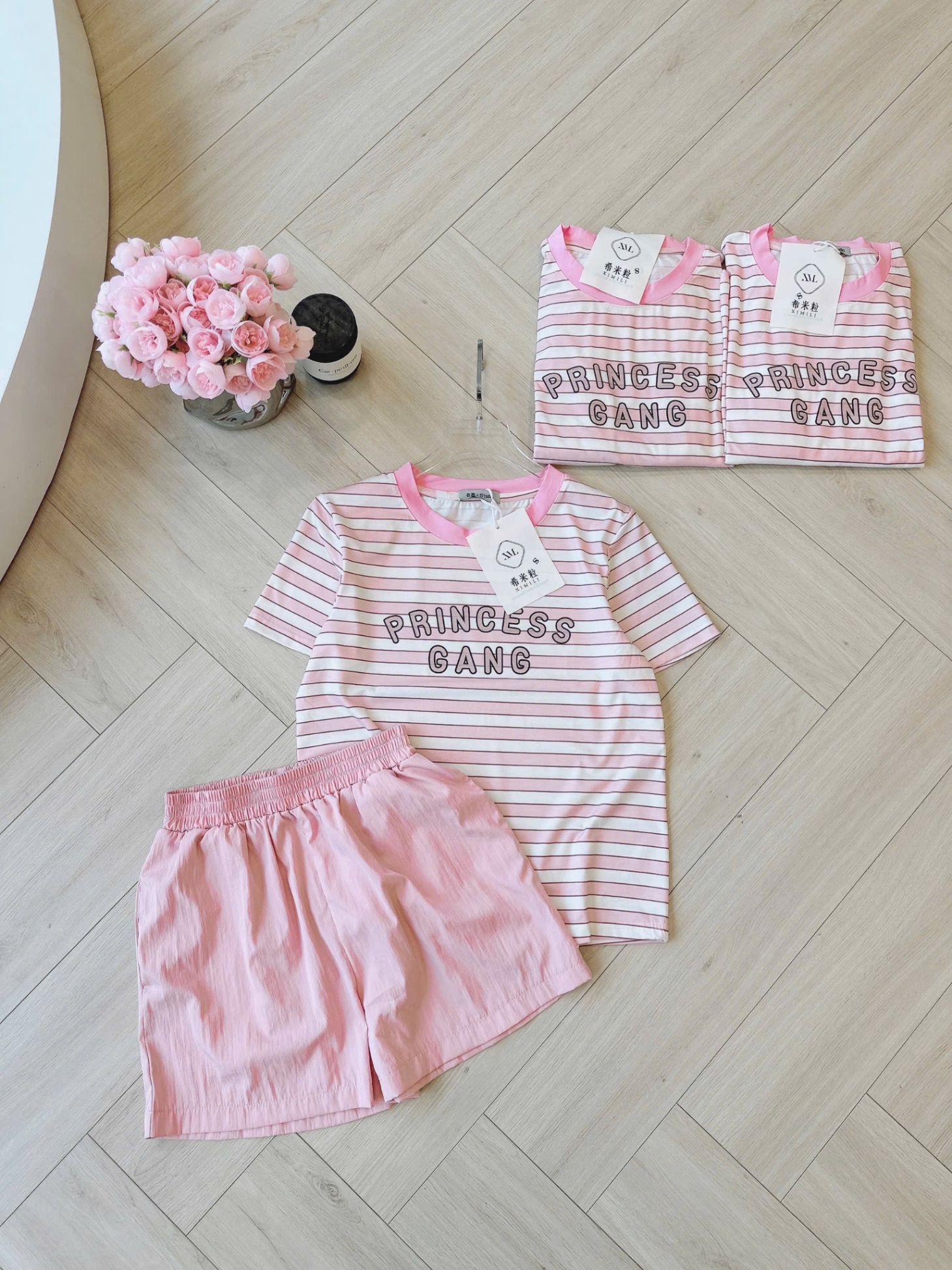 G03 Set bộ quần hồng áo kẻ
