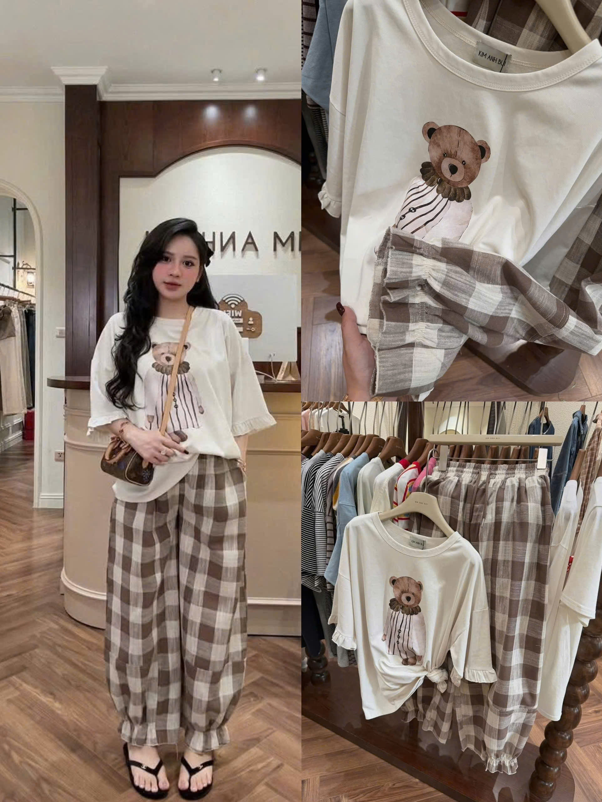 BG54 SET BỘ ÁO GẤU QUẦN KẺ NÂU