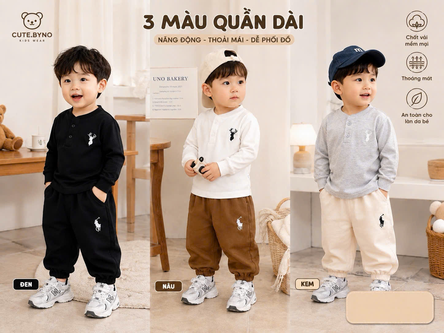 CV-HT140# SET 3 QUẦN BOM KAKI CHUN THÊU NGỰA NÂU BE ĐEN CHO BÉ TRAI