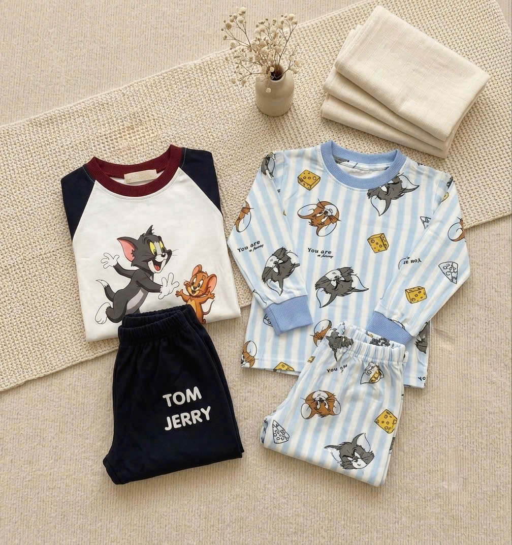 CV-HT183# SET 2B DÀI TAY TOM&JERRY THAN KẺ XANH CHO BÉ TRAI