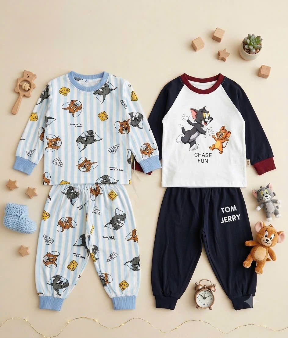 CV-HT183# SET 2B DÀI TAY TOM&JERRY THAN KẺ XANH CHO BÉ TRAI