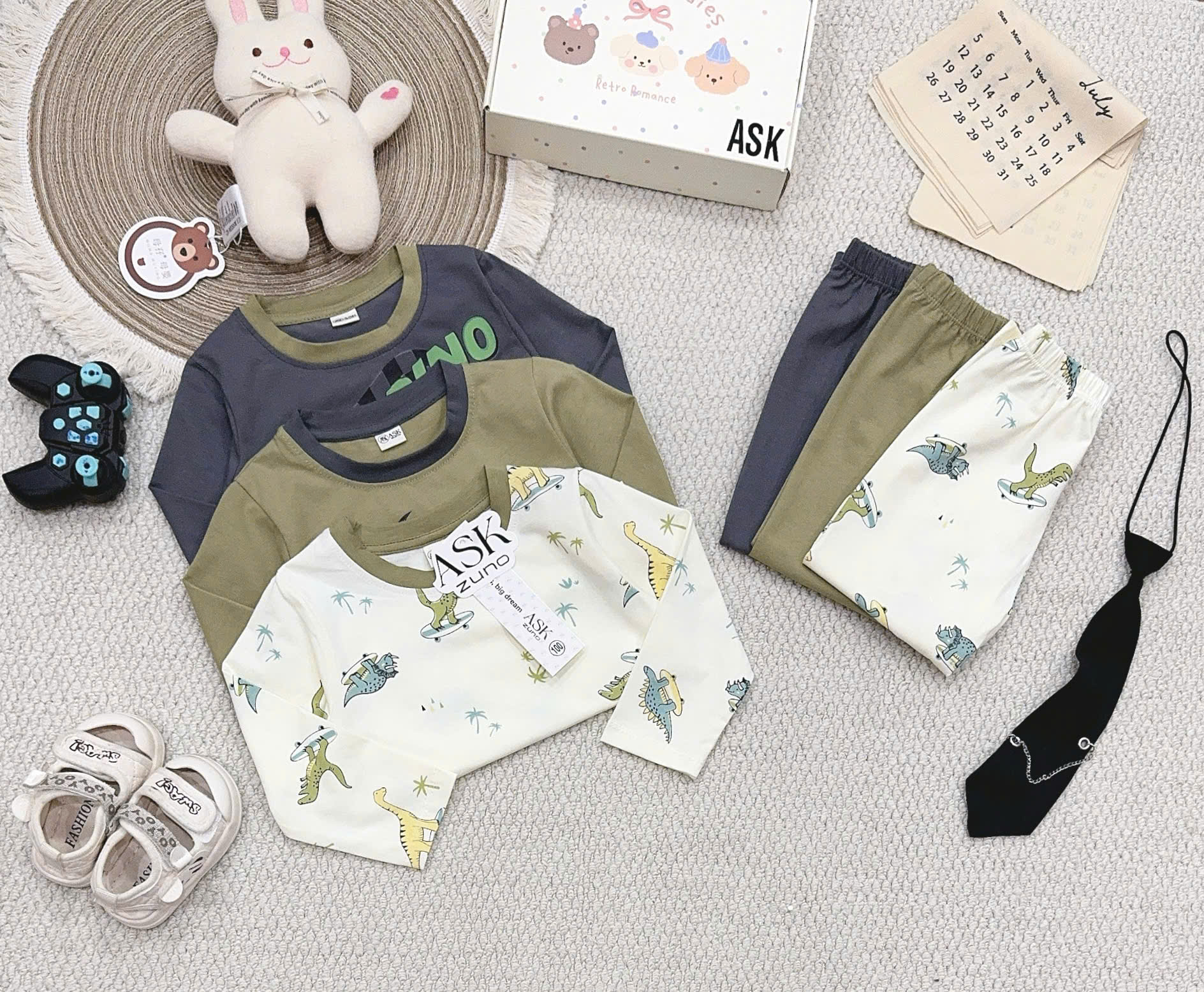 CV-HT191# SET 3B BÉ TRAI KHỦNG LONG SỌC – COTTON MỀM MỊN