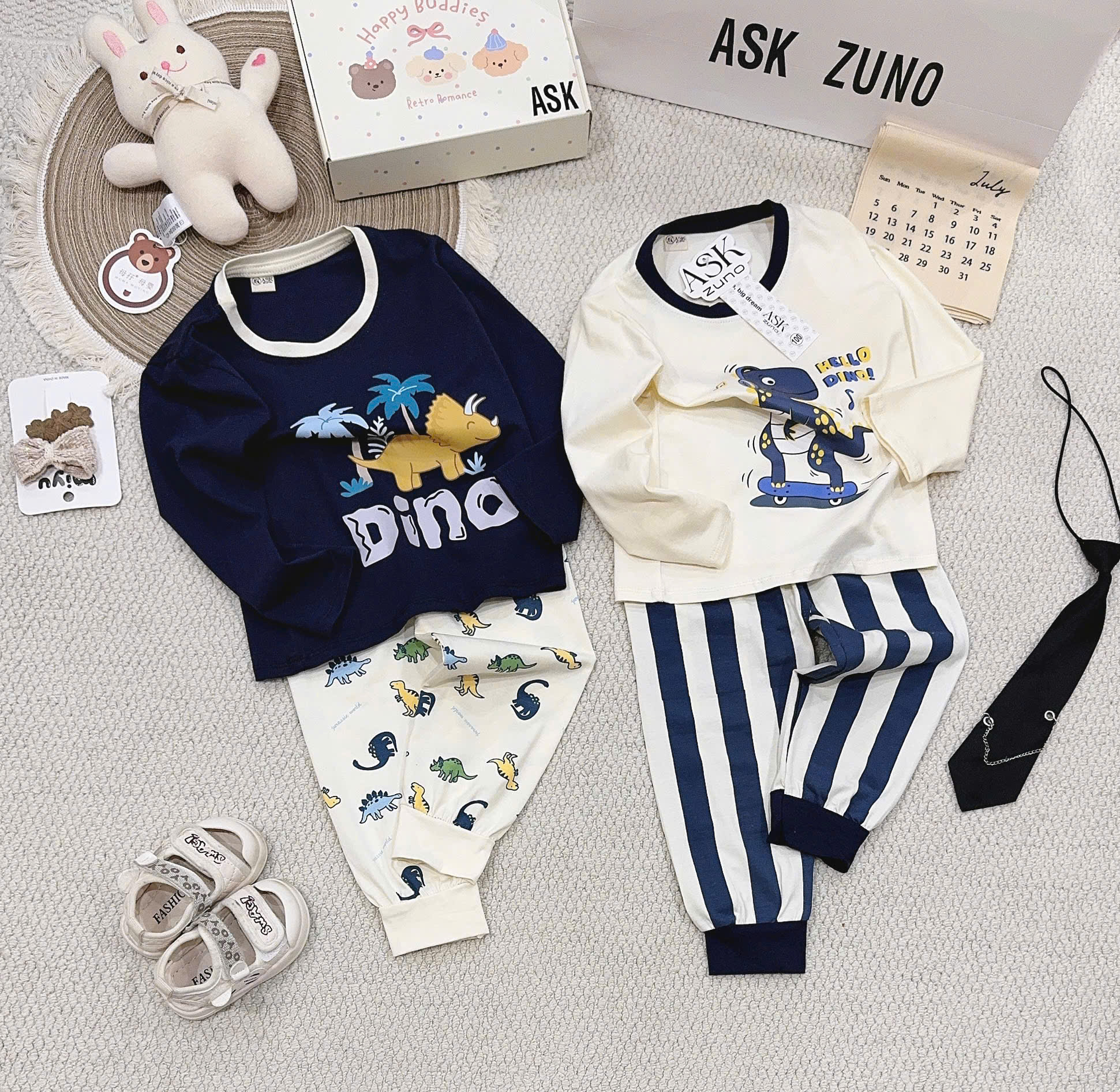 CV- HT192# SET 2B BÉ TRAI KHỦNG LONG XANH THAN – COTTON MỀM MỊN