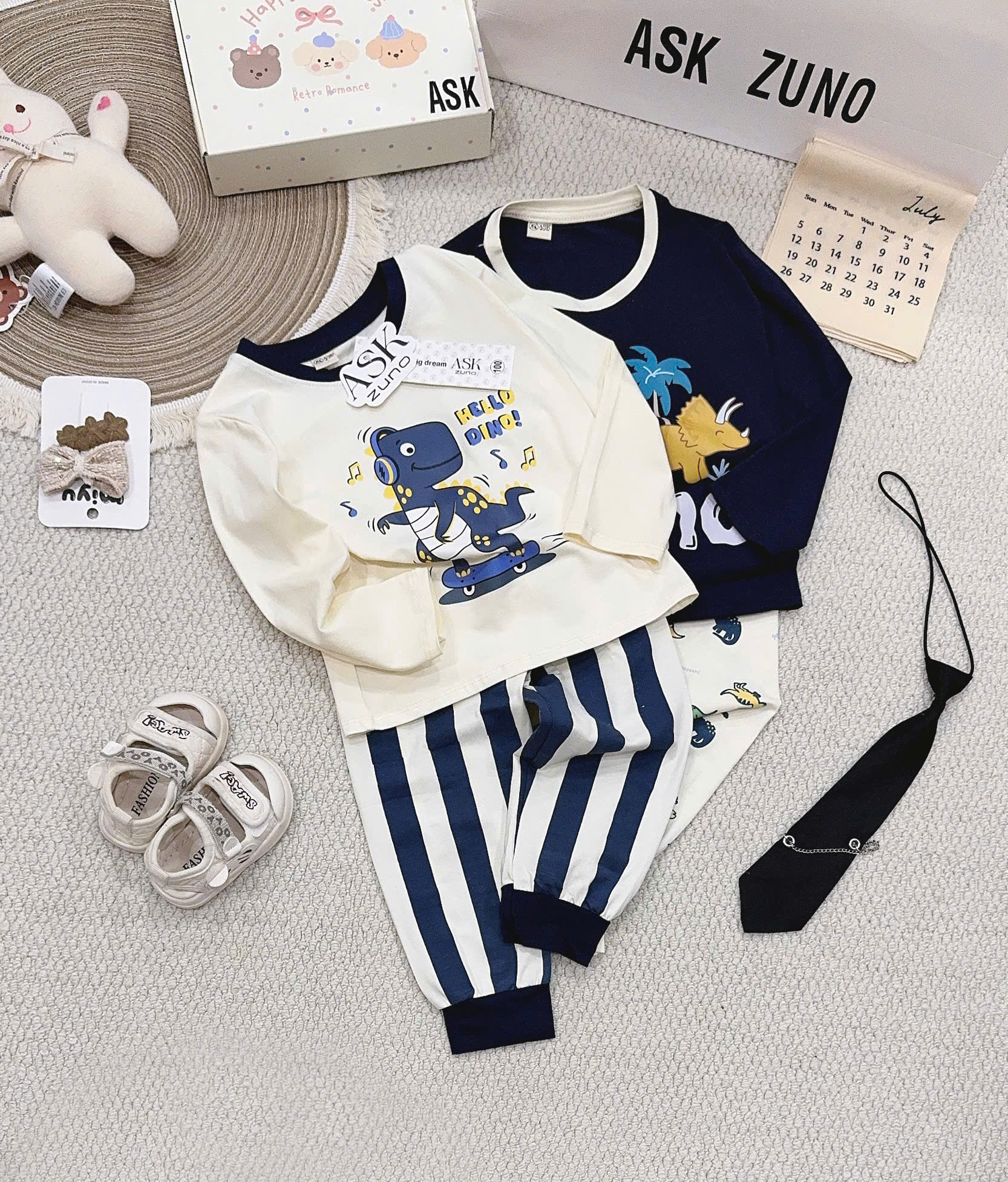 CV- HT192# SET 2B BÉ TRAI KHỦNG LONG XANH THAN – COTTON MỀM MỊN