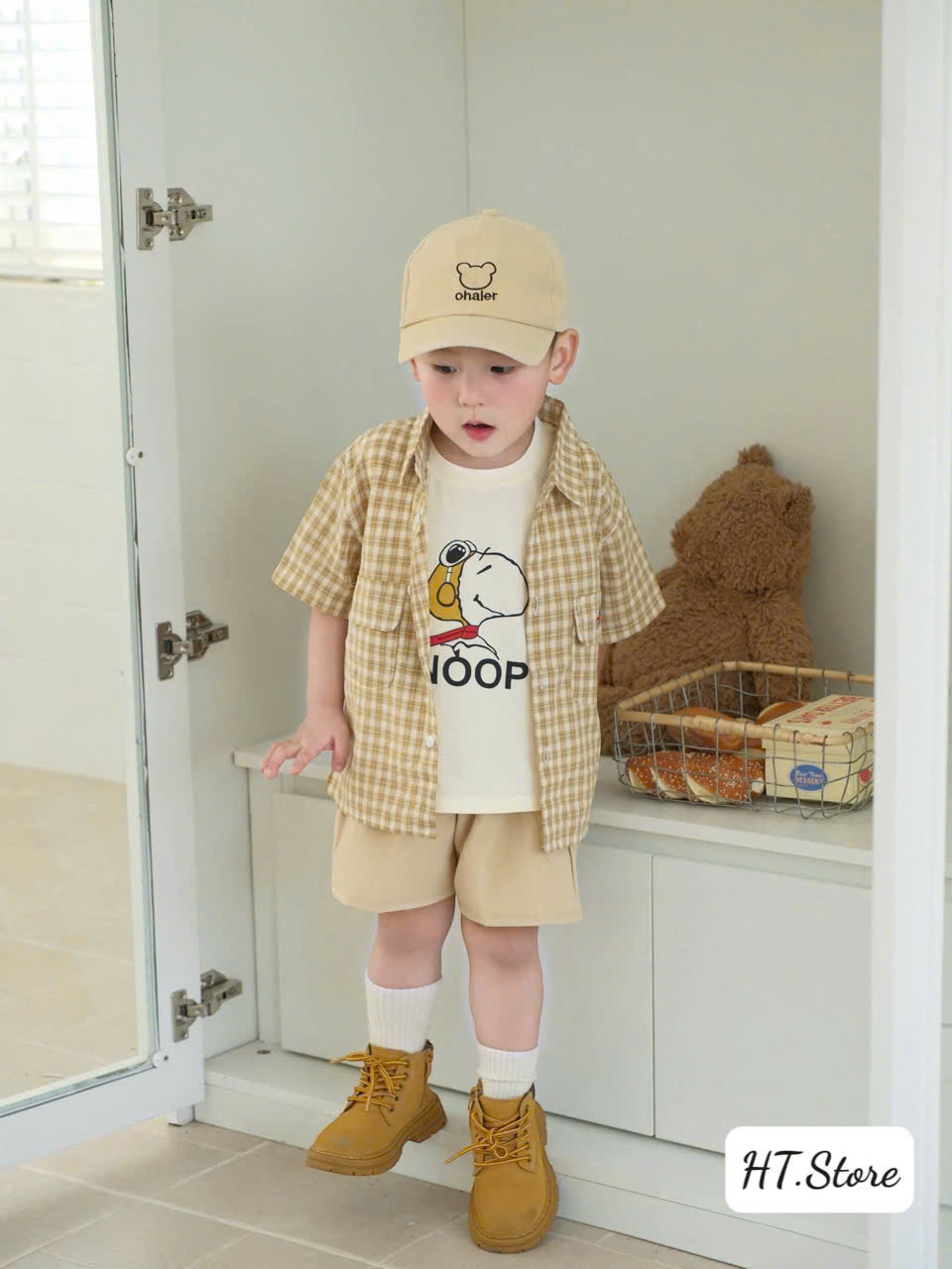 CV-K029# SET 4CT SNOOPY SƠ MI KẺ KÈM MŨ CHO BÉ TRAI