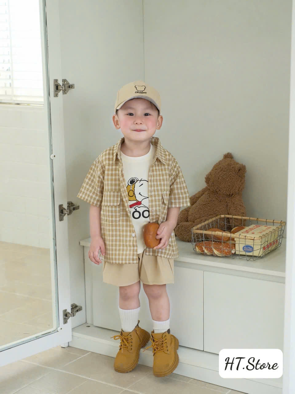 CV-K029# SET 4CT SNOOPY SƠ MI KẺ KÈM MŨ CHO BÉ TRAI
