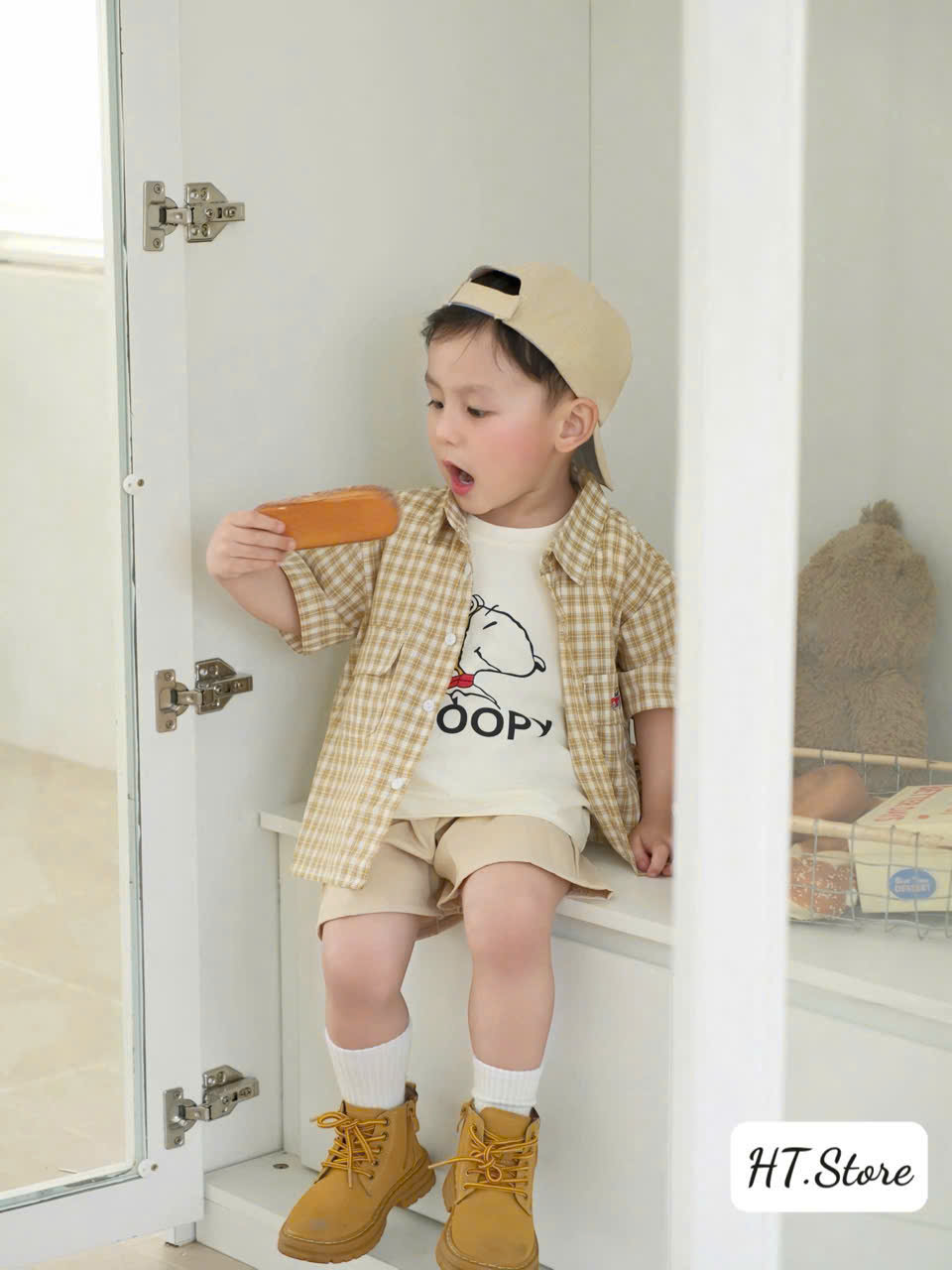 CV-K029# SET 4CT SNOOPY SƠ MI KẺ KÈM MŨ CHO BÉ TRAI