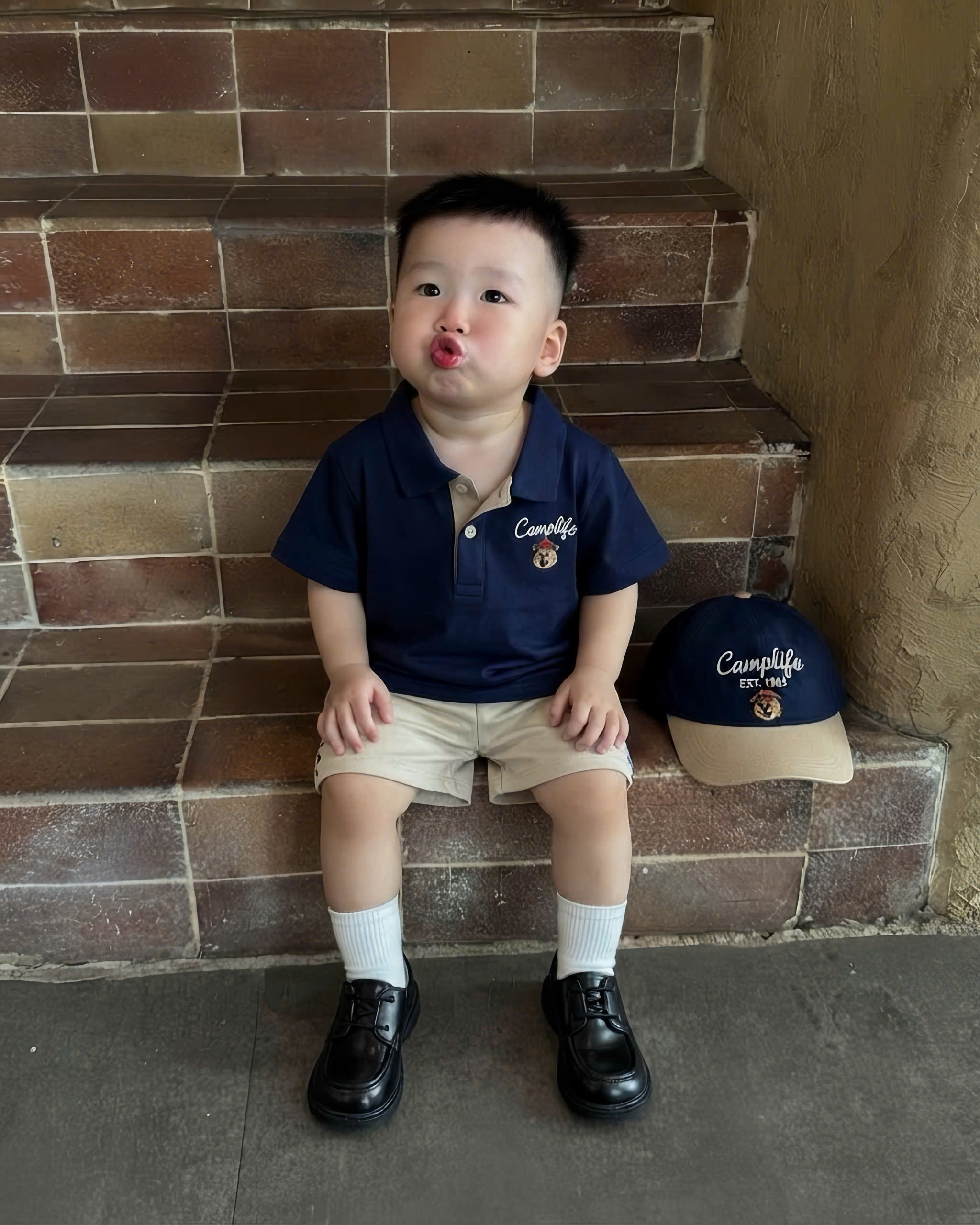 CV-K034# SET POLO THAN CAMPLIFE QUẦN BE THÊU GẤU KÈM MŨ CHO BÉ TRAI