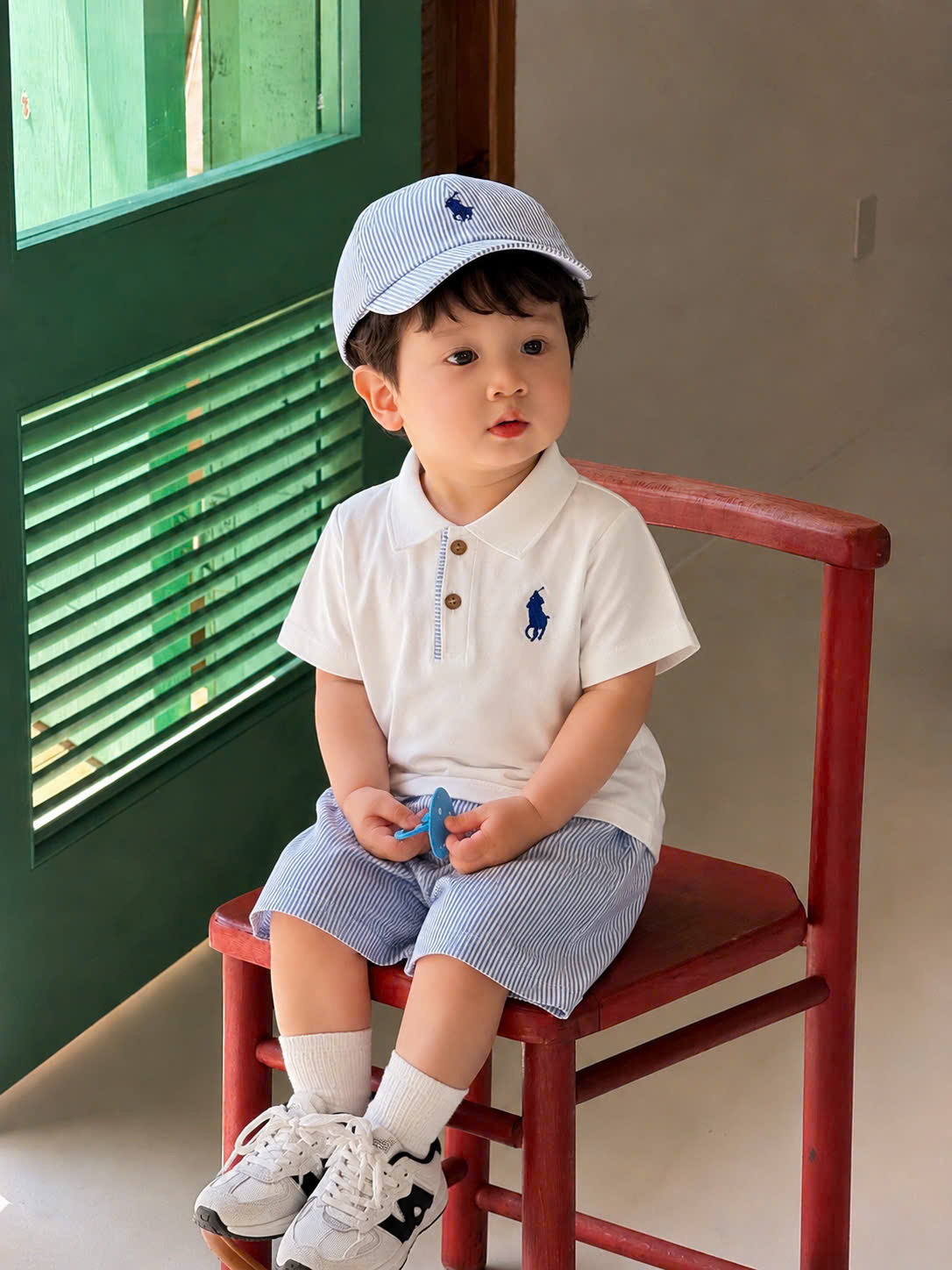CV-K036 SET POLO THÊU NGỰA QUẦN KẺ XANH KÈM MŨ CHO BÉ TRAI