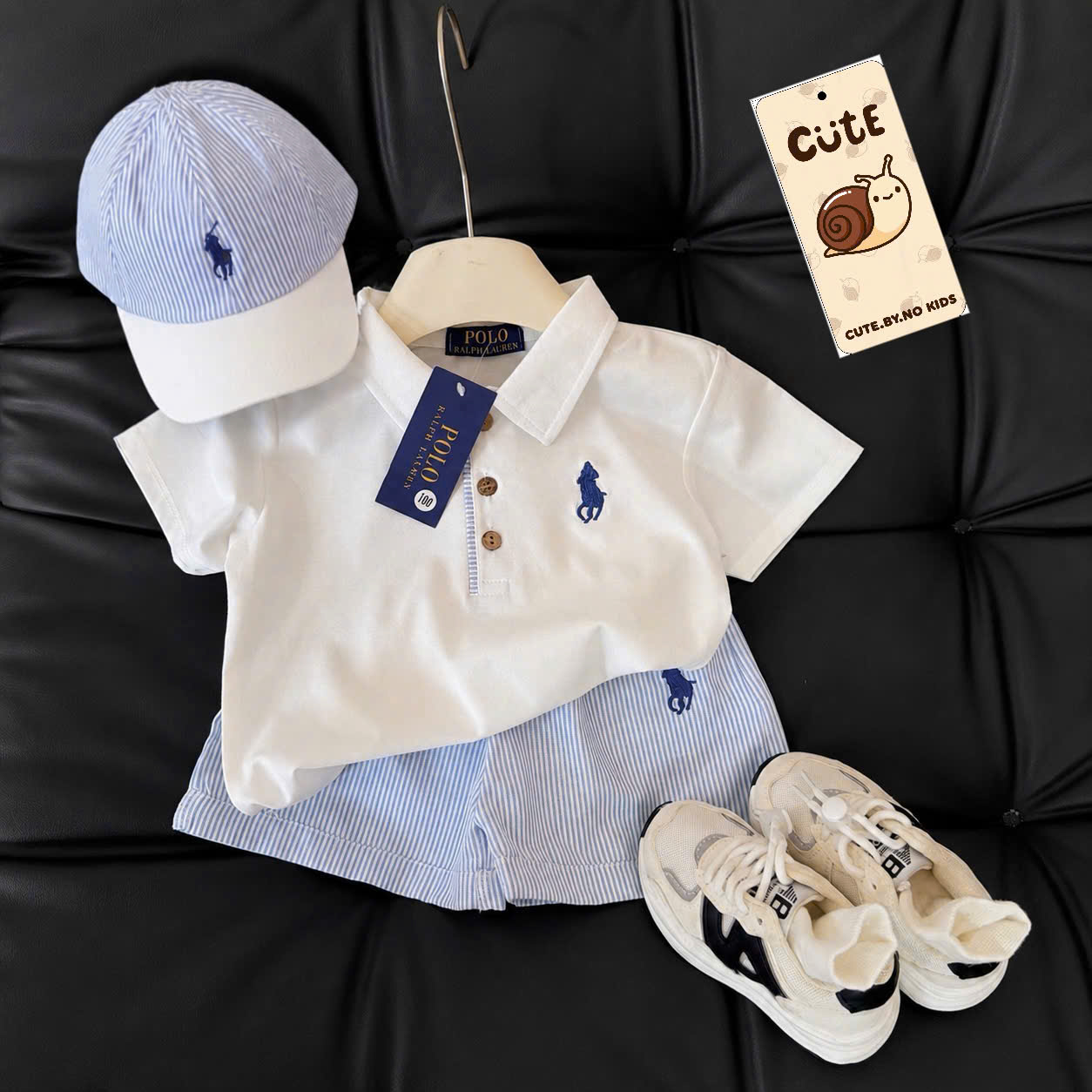 CV-K036 SET POLO THÊU NGỰA QUẦN KẺ XANH KÈM MŨ CHO BÉ TRAI