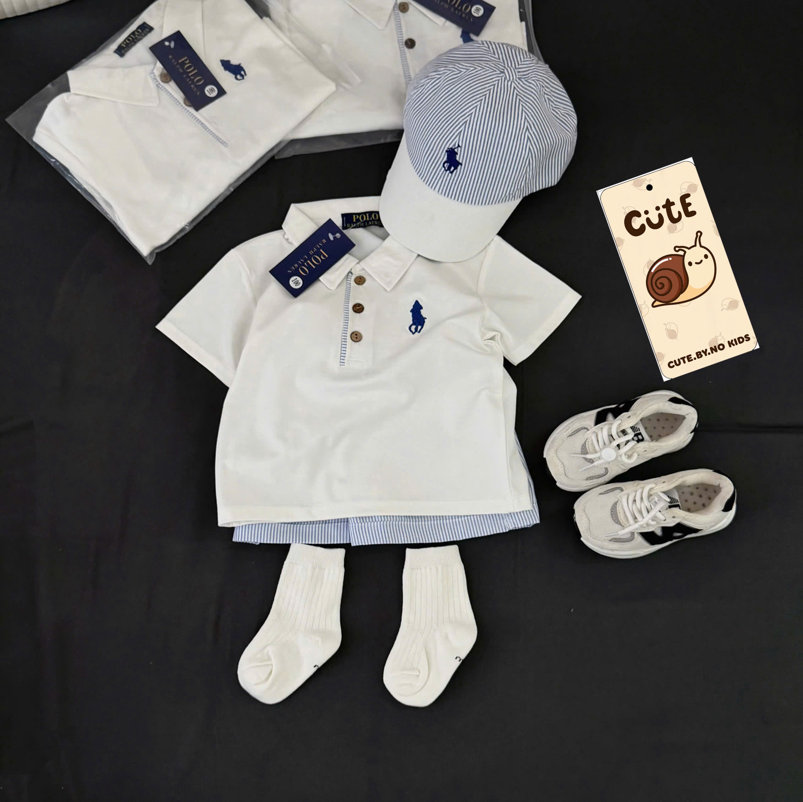 CV-K036 SET POLO THÊU NGỰA QUẦN KẺ XANH KÈM MŨ CHO BÉ TRAI