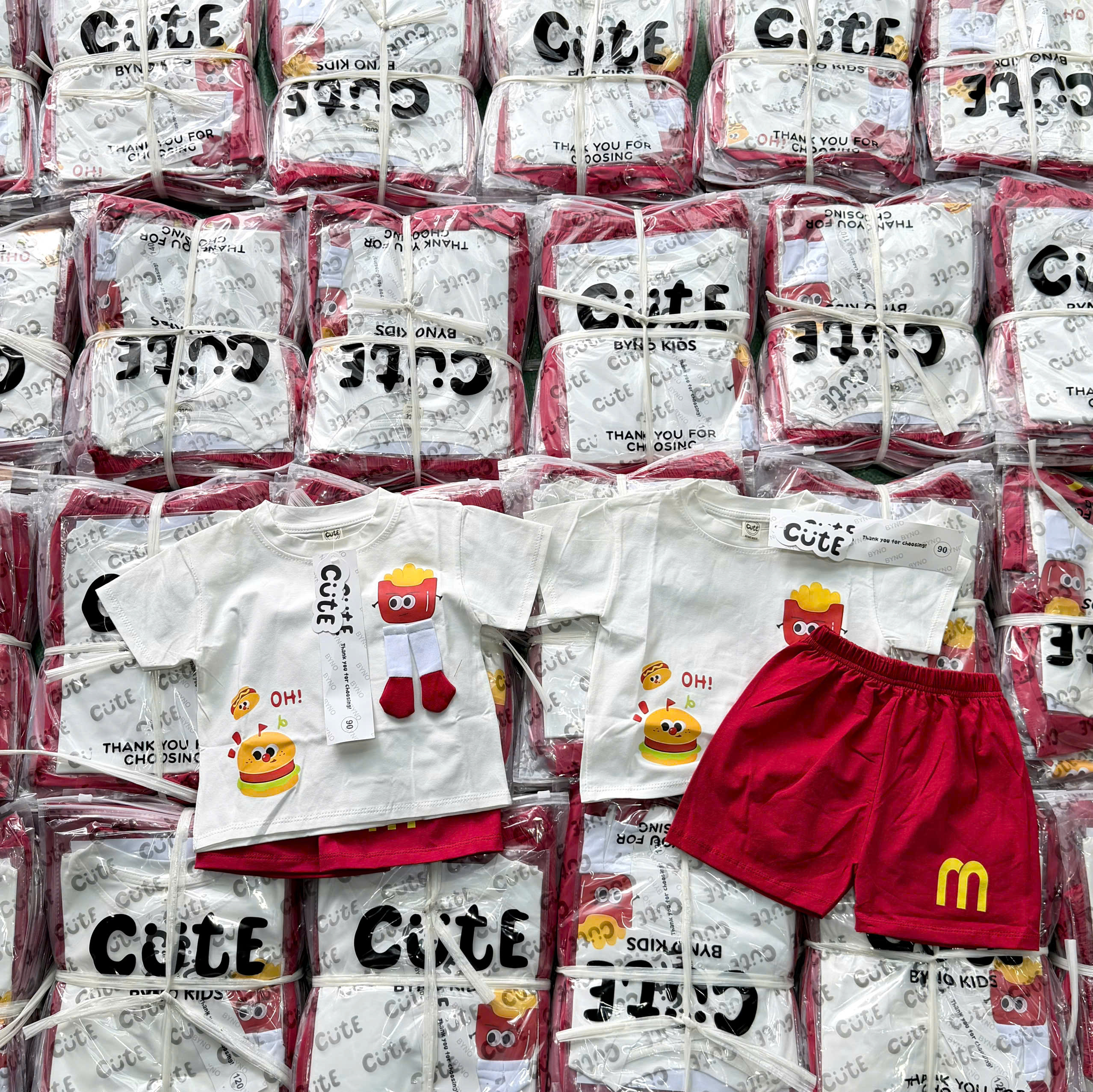 CV-P58# SET ÁO CỘC QUẦN ĐỎ BURGER – FRIES CHO BÉ
