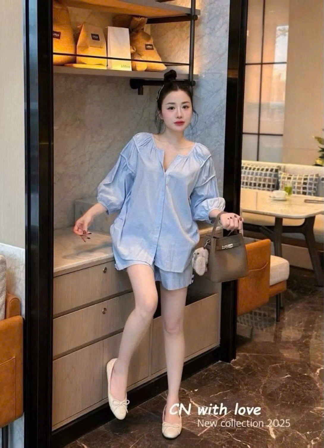 CV-P81# SET BỘ COTTON XANH TAY BỒNG CHO NỮ