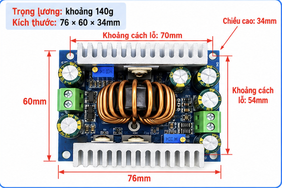 Mạch giảm áp 15A 500W đầu vào 12-95VDC đầu ra 1,5-90VDC 
