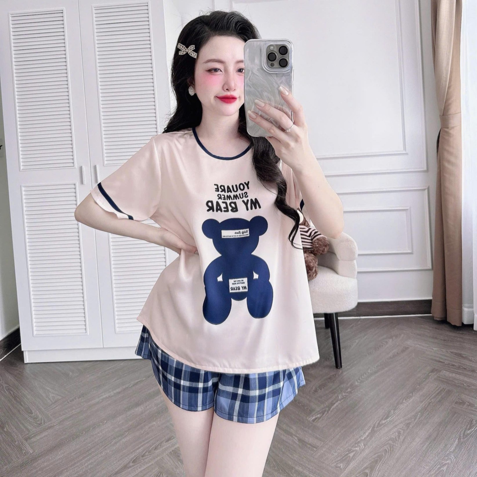 [A]-Bộ Ngủ Đùi Cổ Tròn Họa Tiết In 3D Chất Liệu Lụa Latin Nhẹ Mát S1283 Pijama - 40-60kg