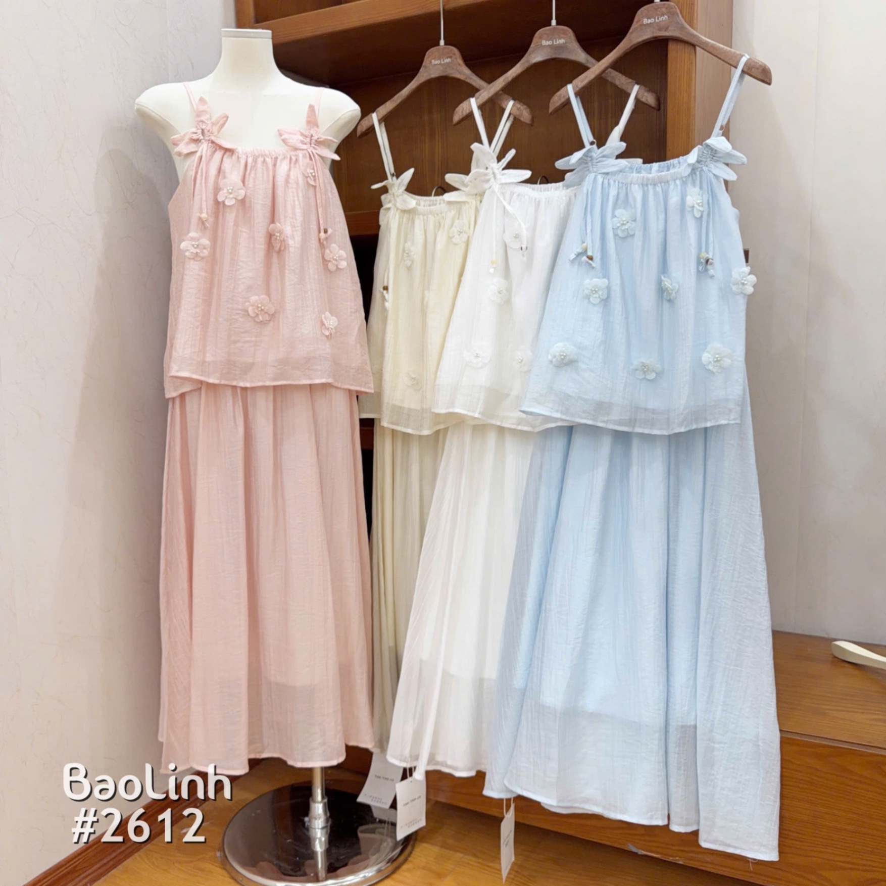 SH17 Set váy 2 dây đính hoa ngọc chân váy dài 2612