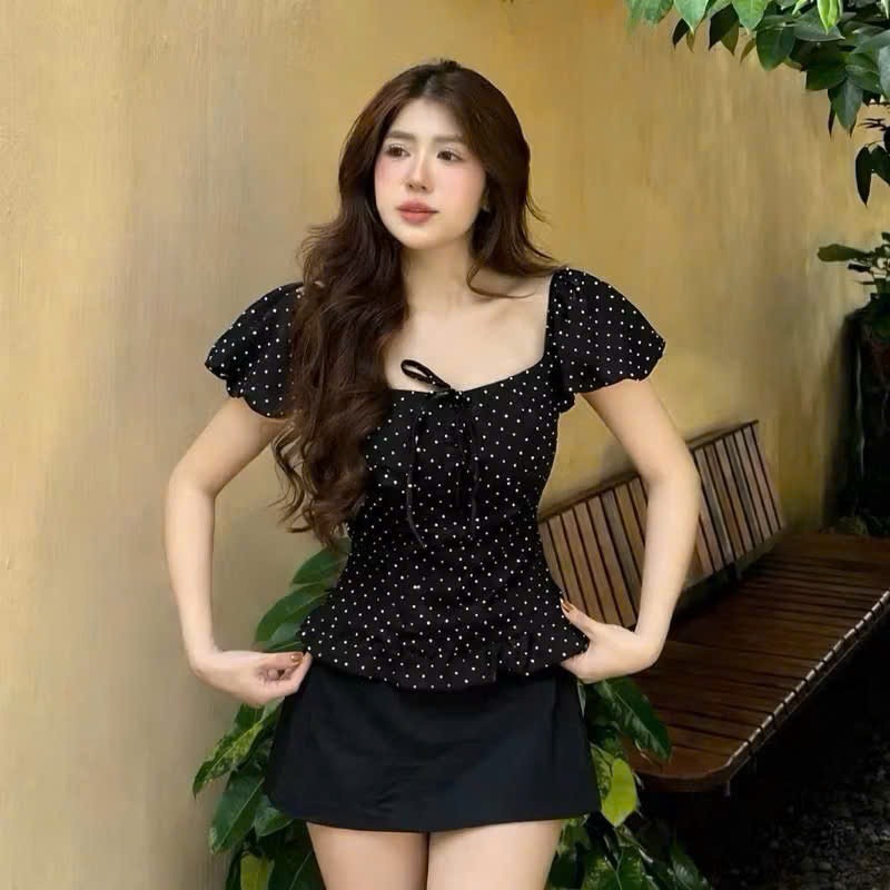 AH22 Áo hè tay bồng lưng chun hoạ tiết chấm bi bigsize
