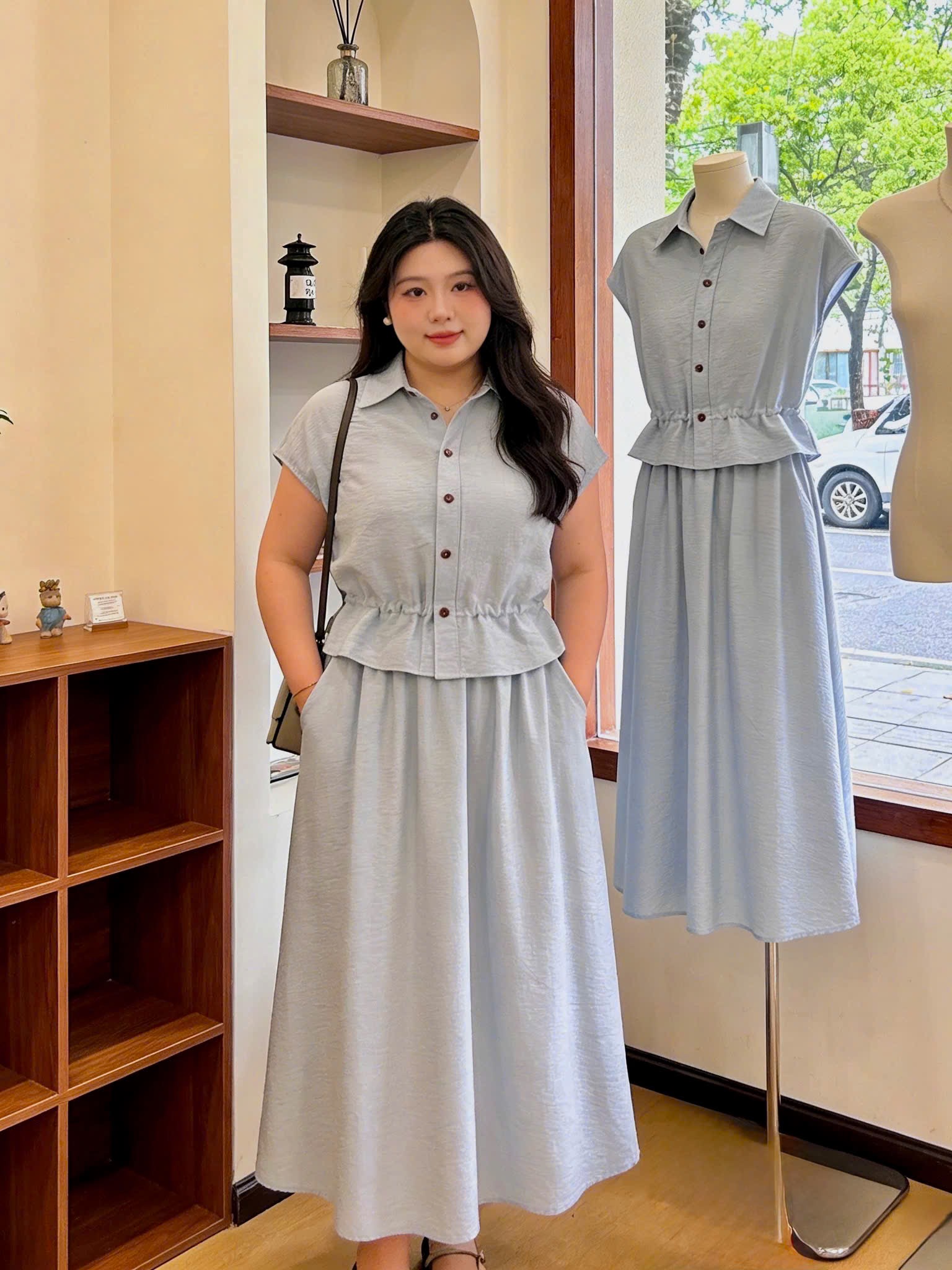 SH12 Set hè tơ lụa chun eo kèm chân váy bigsize