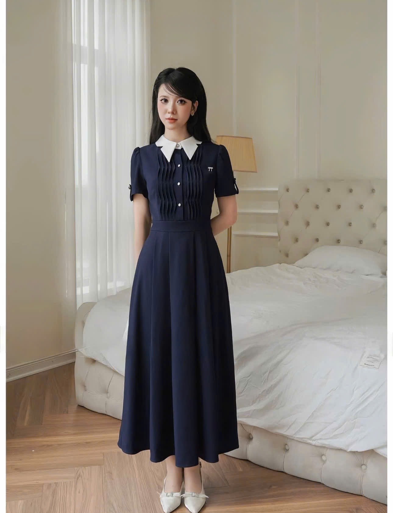 VD10 Váy dài xếp ly sóng cổ vạt nhọn bigsize