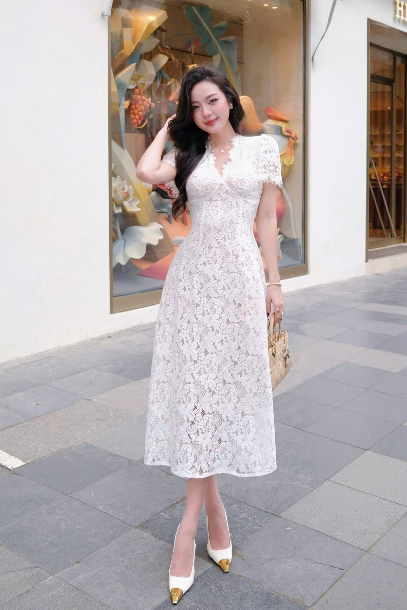 VD12 Váy dài ren hoa cổ tim bigsize
