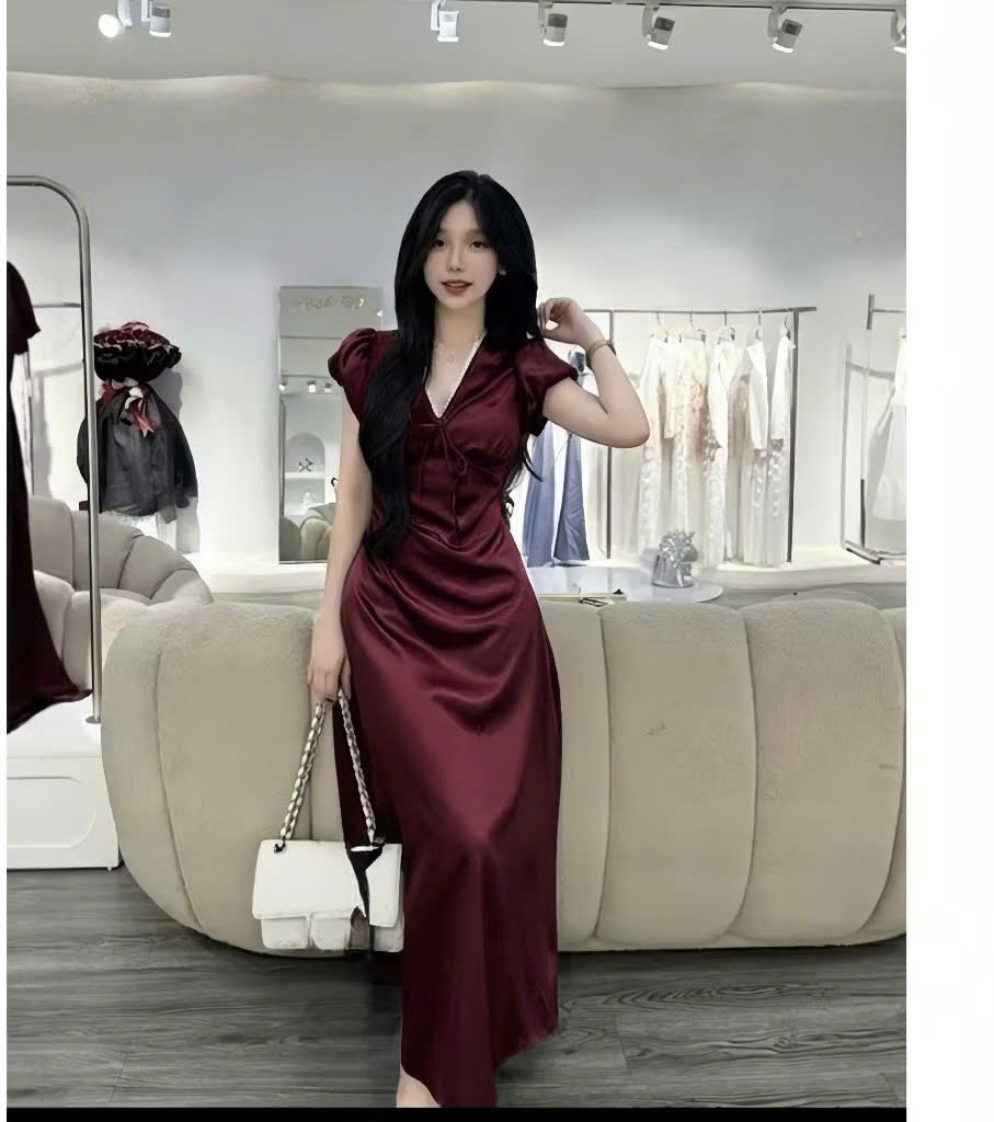 VD13 VÁY DÀI LỤA PHỐI REN CỔ V BIGSIZE