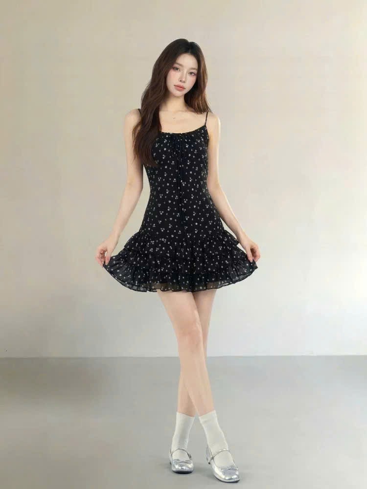 VN03 Váy ngắn 2 dây hoa nhí xếp tầng bèo bigsize