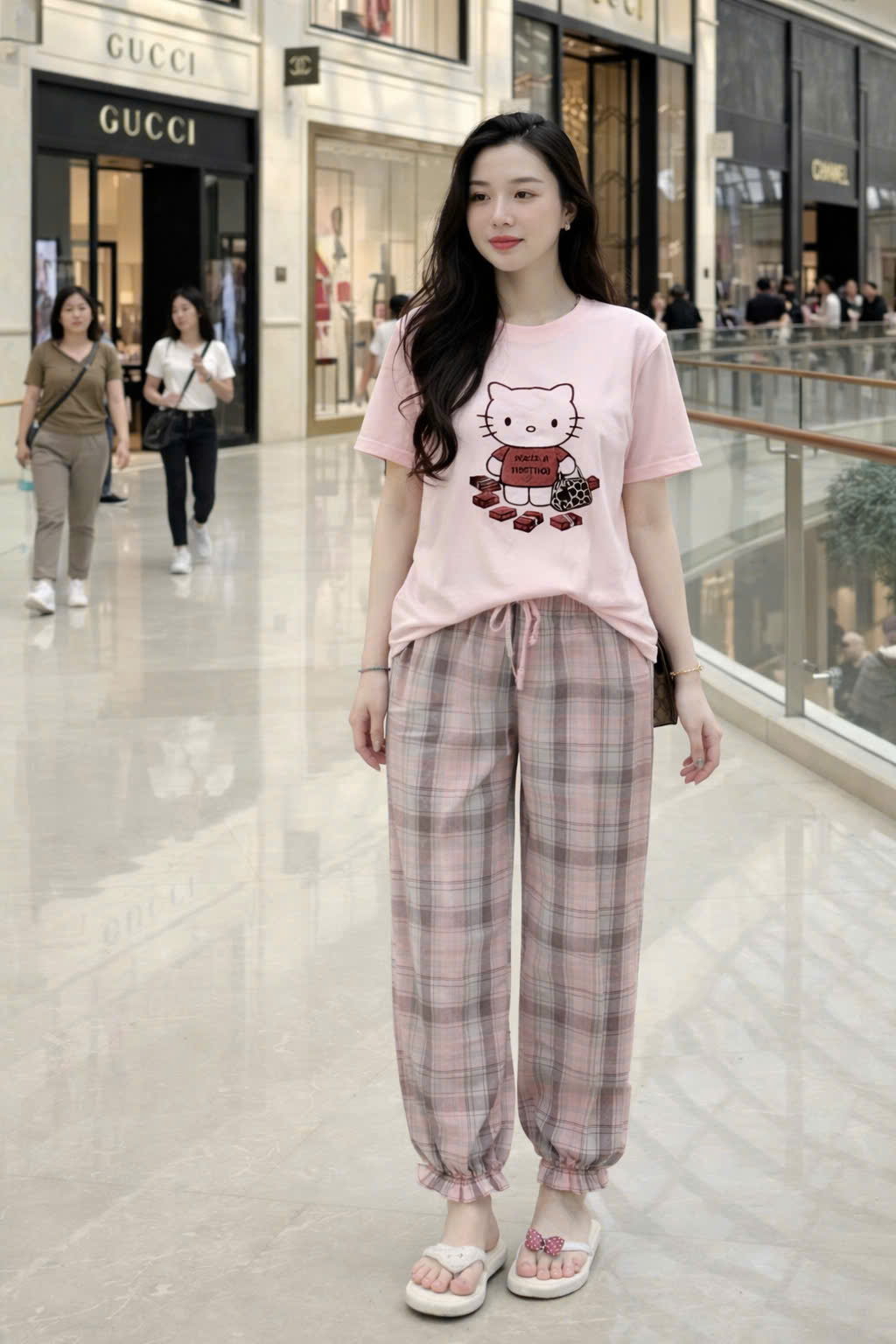 XẢ A174 - SET ÁO PHÔNG KITTY QUẦN CARO BO GẤU TONE HỒNG