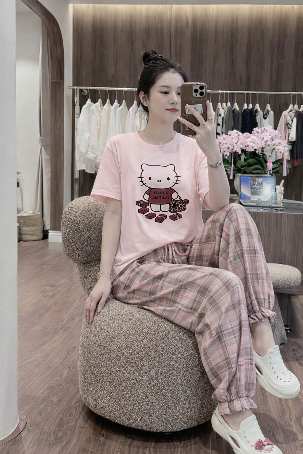 XẢ A174 - SET ÁO PHÔNG KITTY QUẦN CARO BO GẤU TONE HỒNG