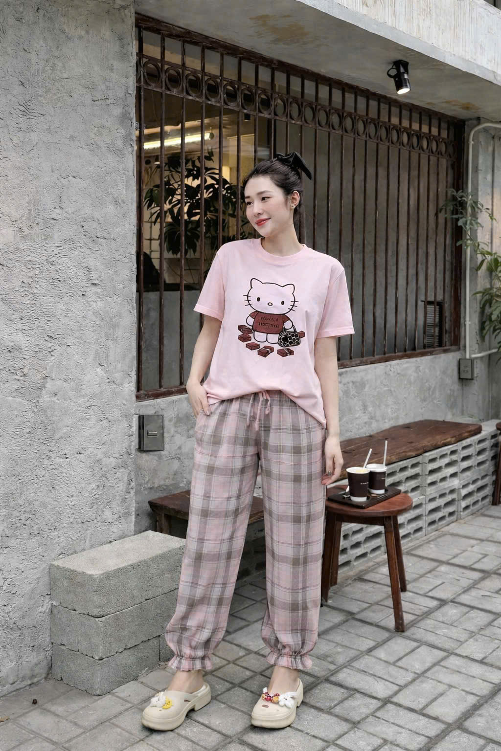 XẢ A174 - SET ÁO PHÔNG KITTY QUẦN CARO BO GẤU TONE HỒNG