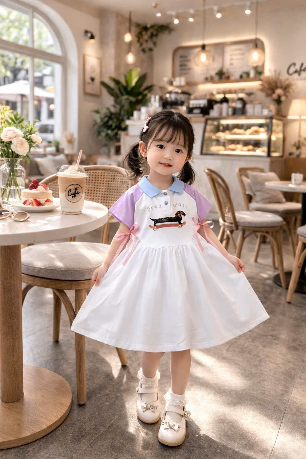 XẢ A176 - VÁY CỔ TRỤ XANH TRẮNG TAY PHỐI TÍM