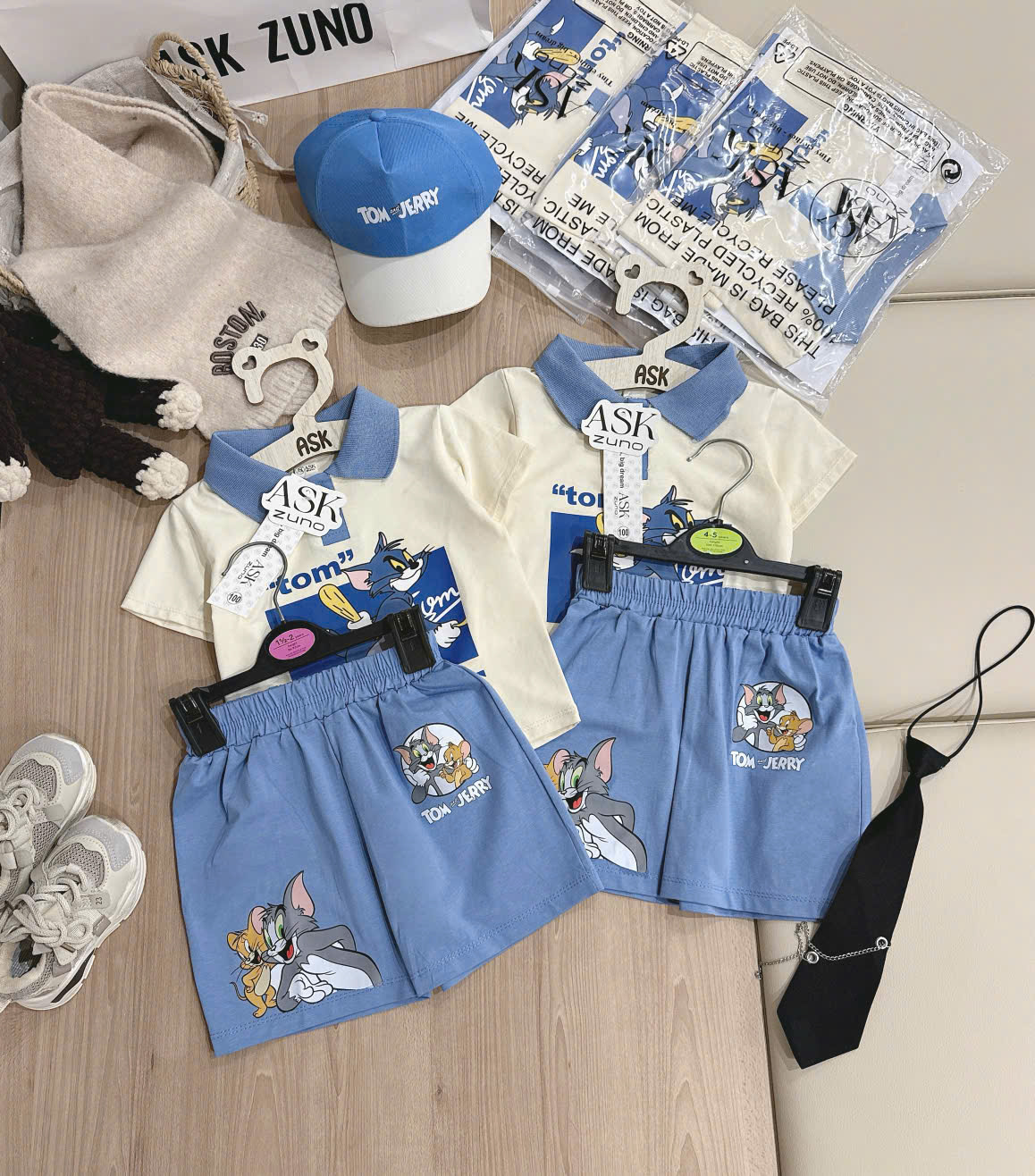 XẢ A237 - SET BỘ POLO MÈO TOM PHỐI XANH KÈM MŨ