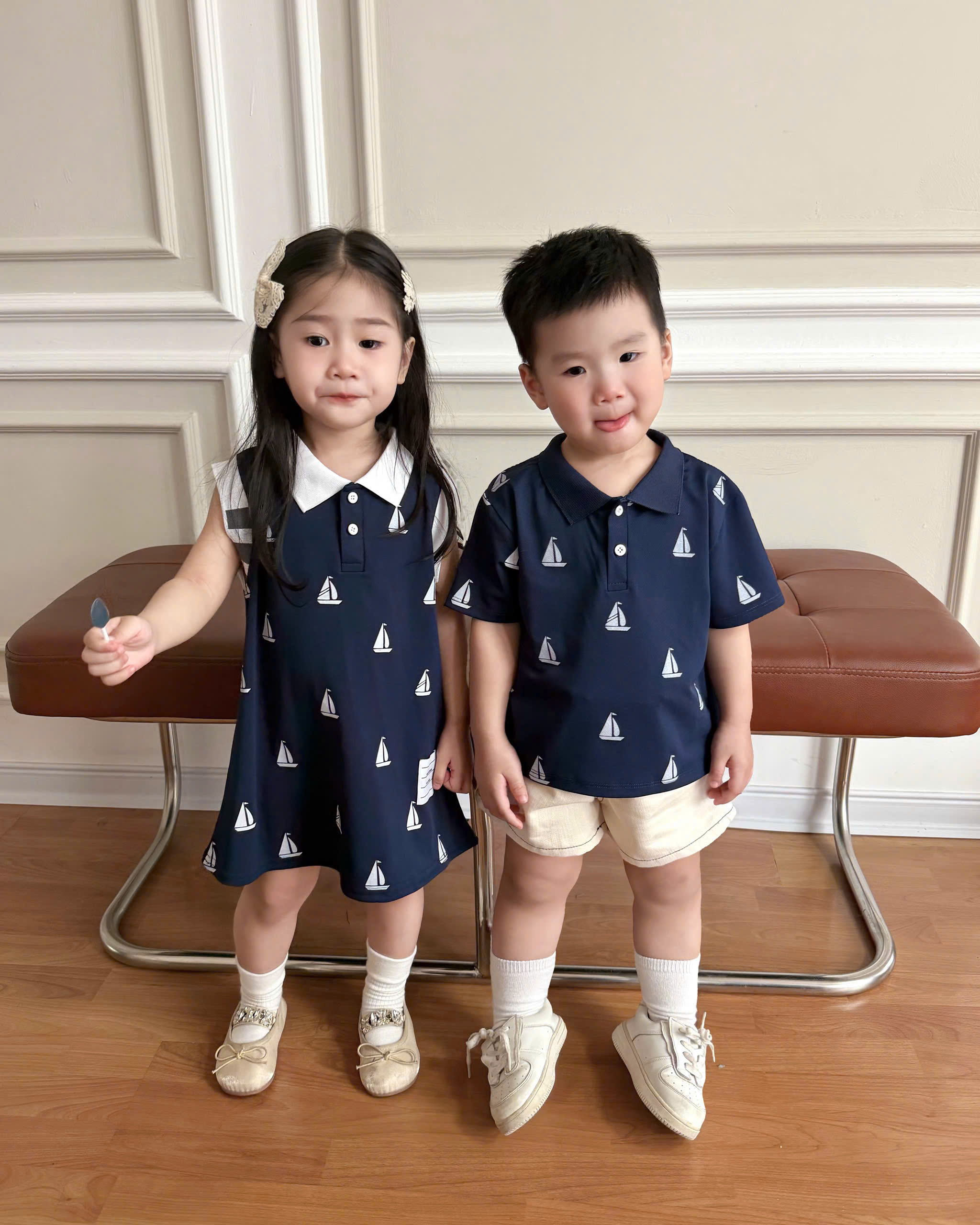 XẢ A245 - SET ĐÔI TRAI GÁI CỔ ĐỨC IN THUYỀN XANH THAN