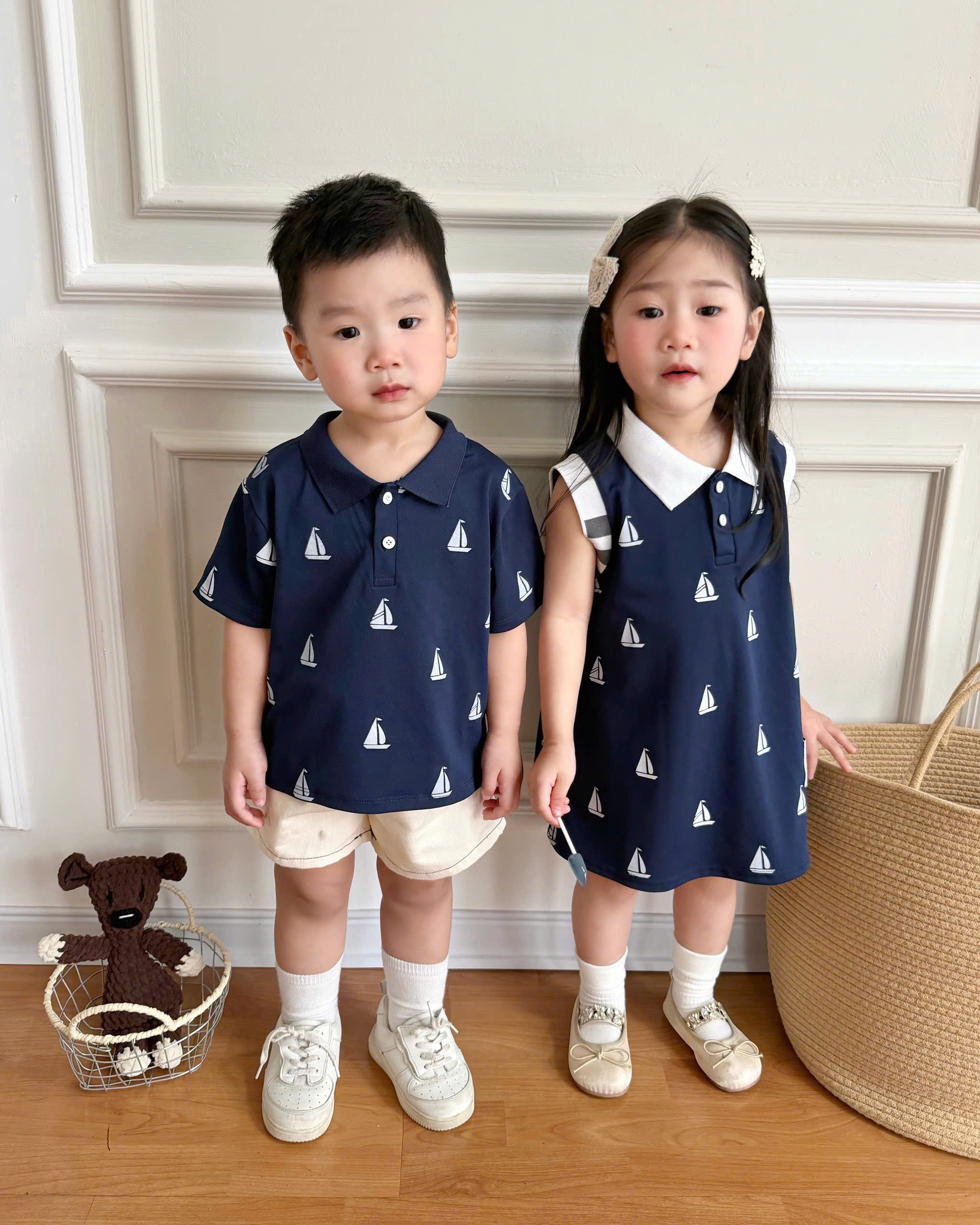 XẢ A245 - SET ĐÔI TRAI GÁI CỔ ĐỨC IN THUYỀN XANH THAN