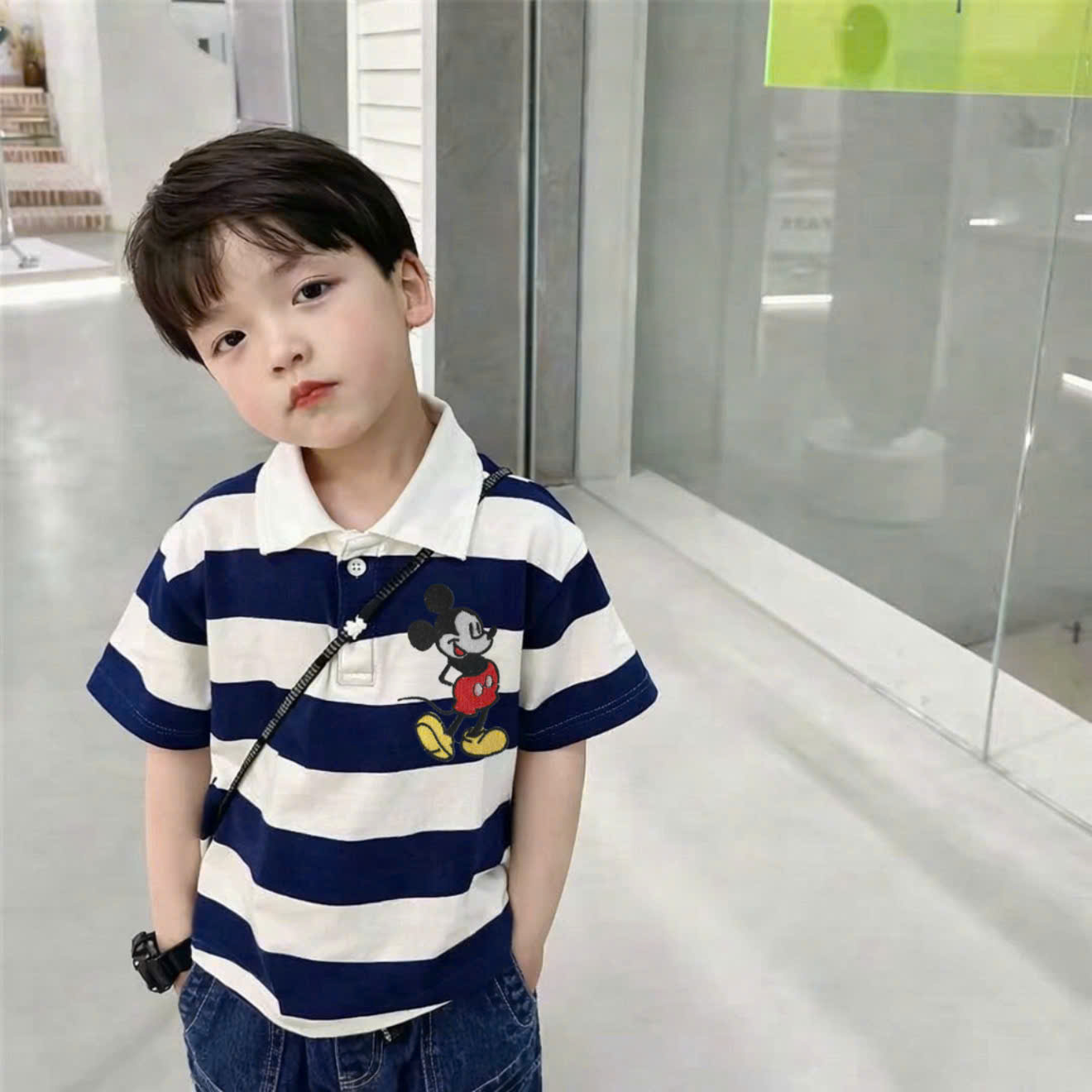 XẢ A253 - SET 2 ÁO CỘC TAY MICKEY POLO BÉ TRAI TRẮNG KẺ THAN