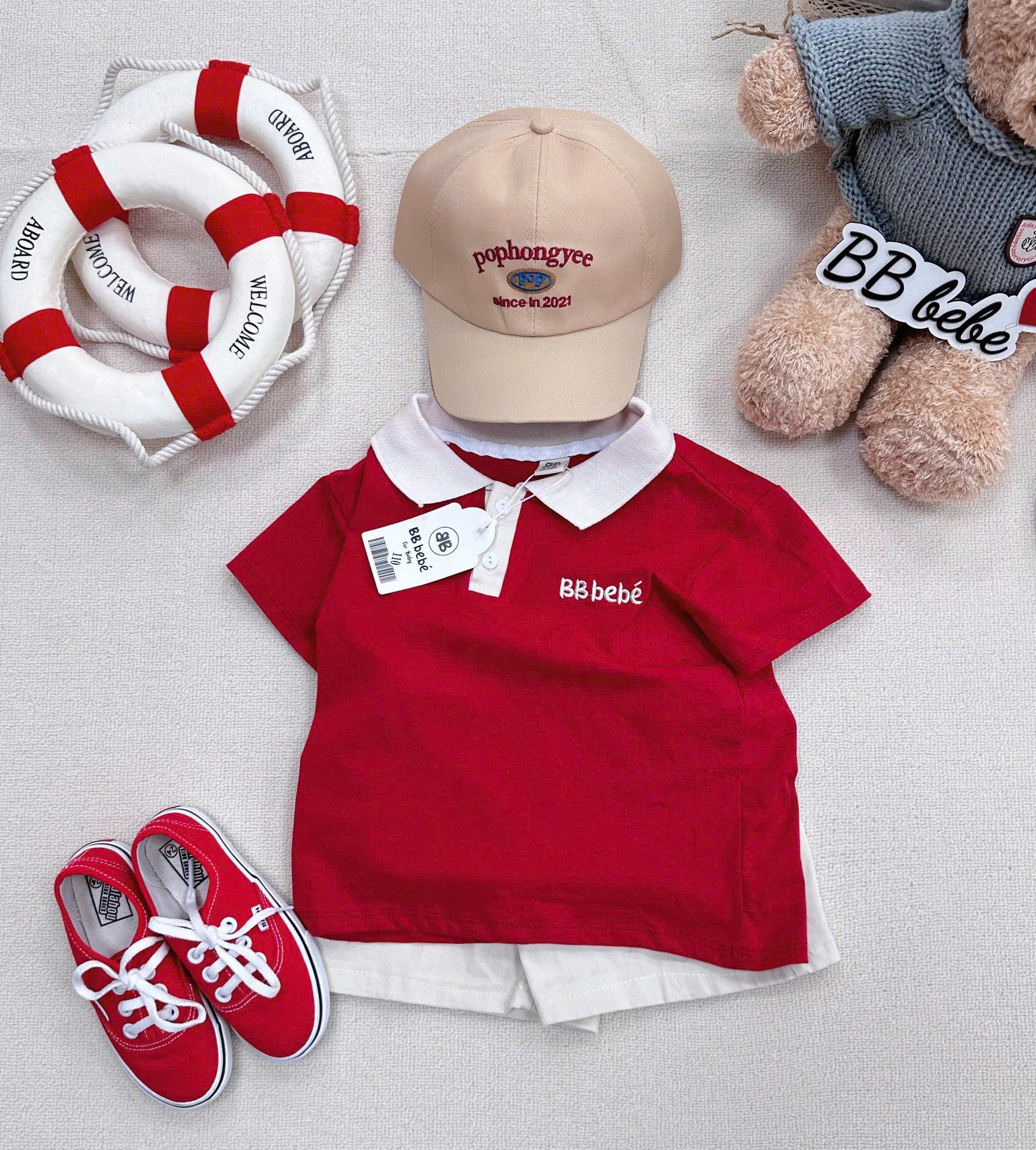XẢ A292 - SET BỘ ĐỎ BEBE CỔ ĐỨC TRẮNG QUẦN KAKI KÈM MŨ