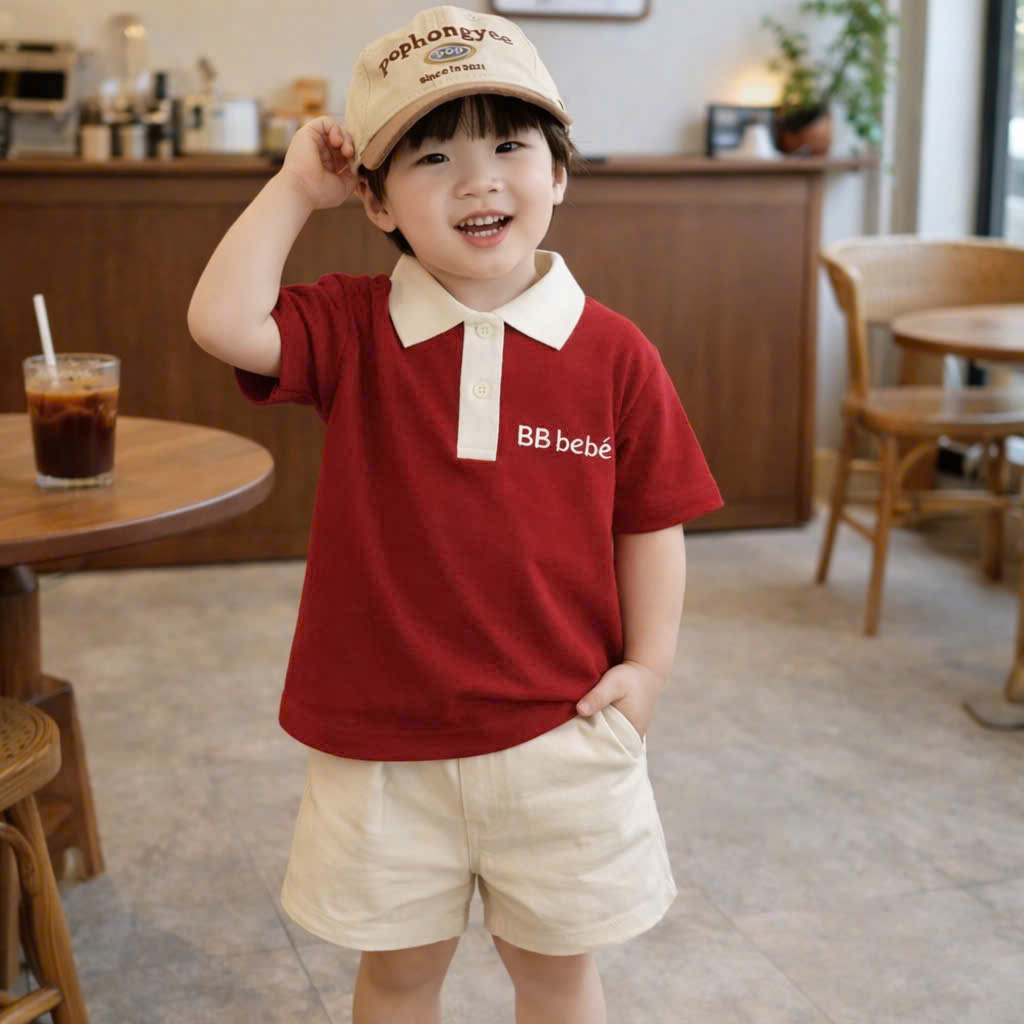 XẢ A292 - SET BỘ ĐỎ BEBE CỔ ĐỨC TRẮNG QUẦN KAKI KÈM MŨ