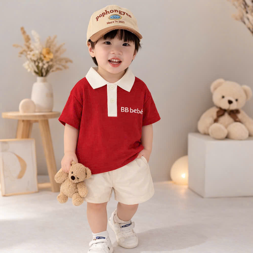 XẢ A292 - SET BỘ ĐỎ BEBE CỔ ĐỨC TRẮNG QUẦN KAKI KÈM MŨ